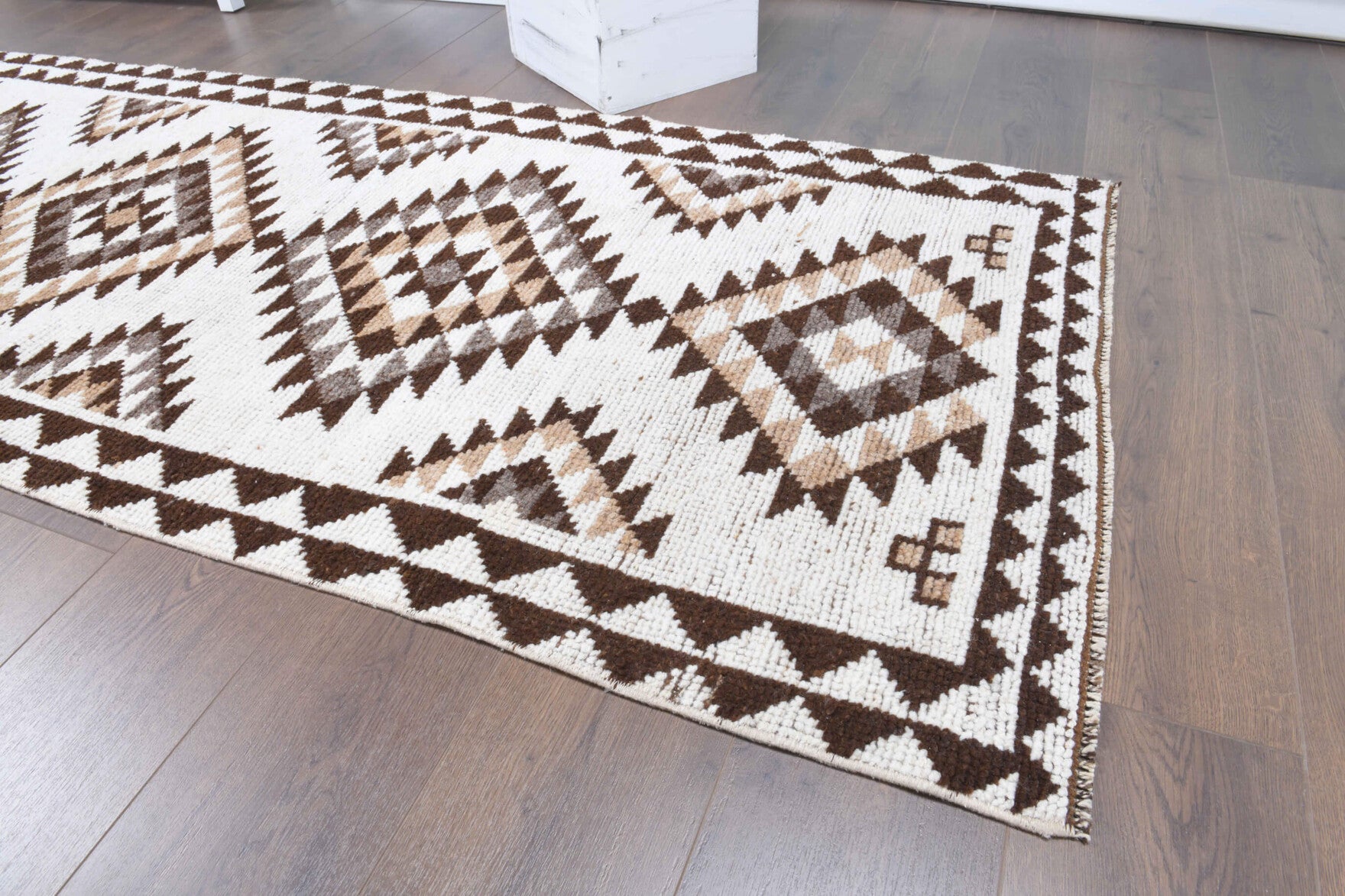 Ahubahce runner: 1970s handmade Anatolian runner with geometric motifs and cotton backing