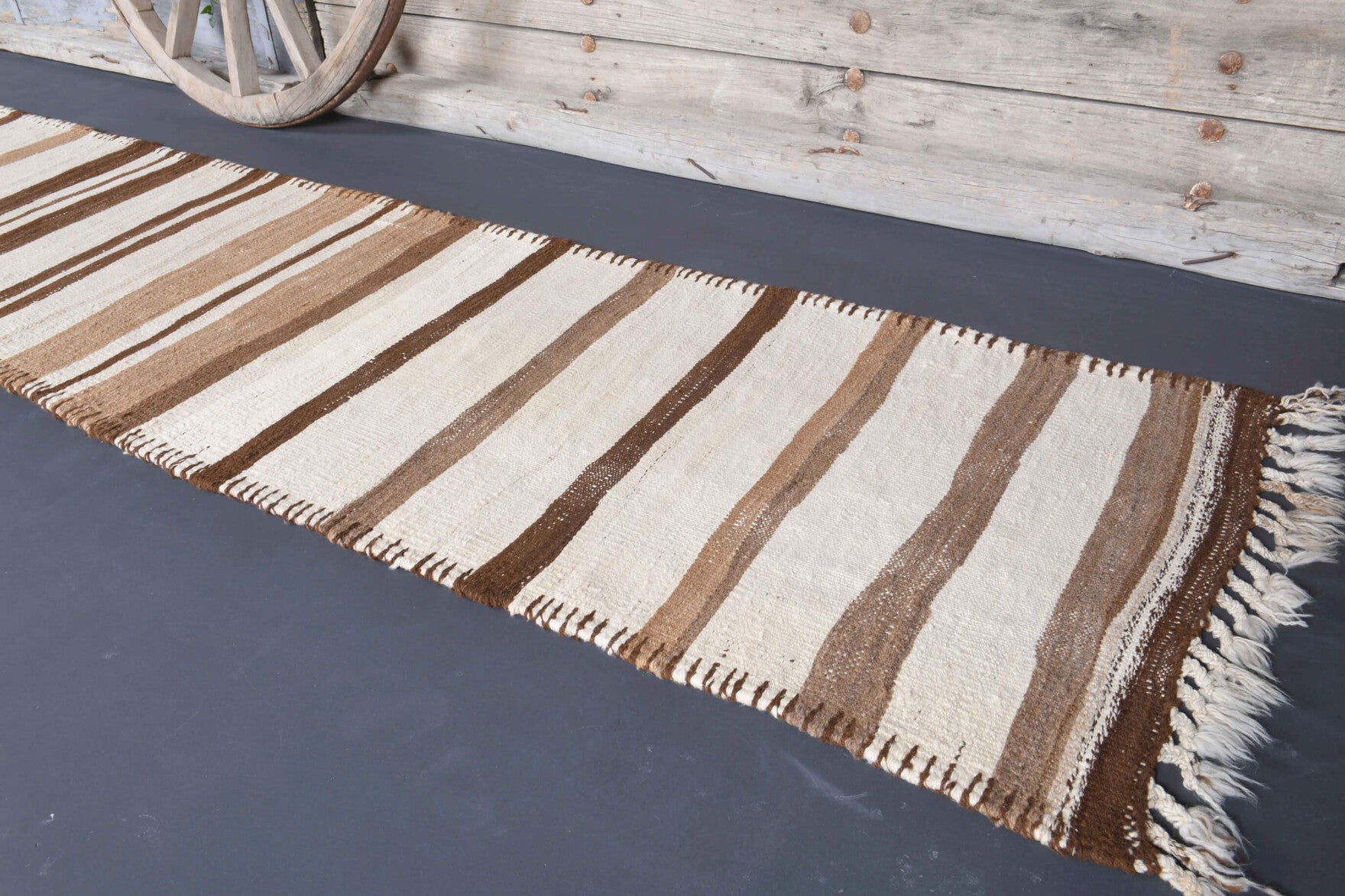Shaushka runner: 1960s handwoven flatweave Anatolian runner with striped motifs and cotton backing