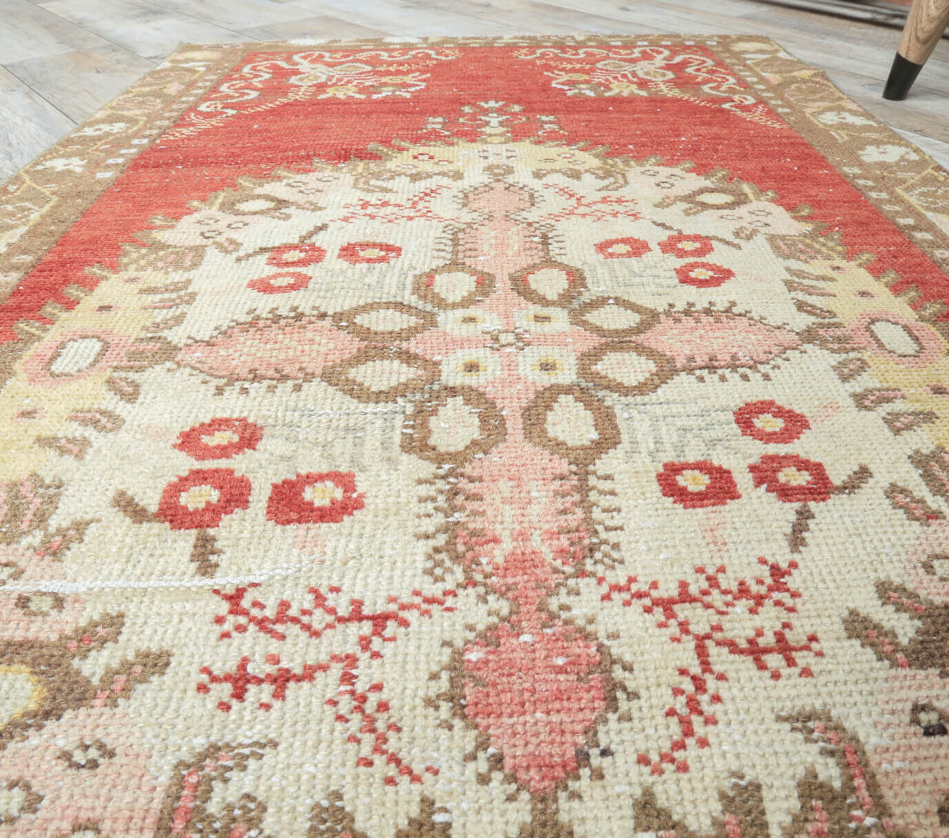 3x4 Vintage Handmade Red Beige Small Anatolian Rug