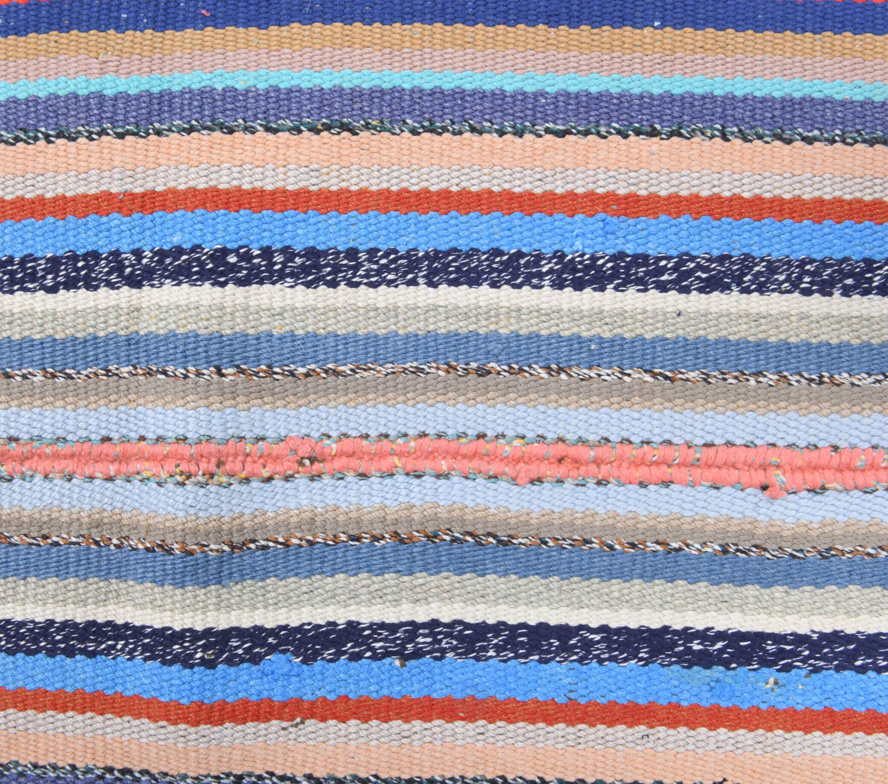 Pelagogena kilim: 1970s handwoven flatweave Anatolian kilim with striped motifs and cotton backing