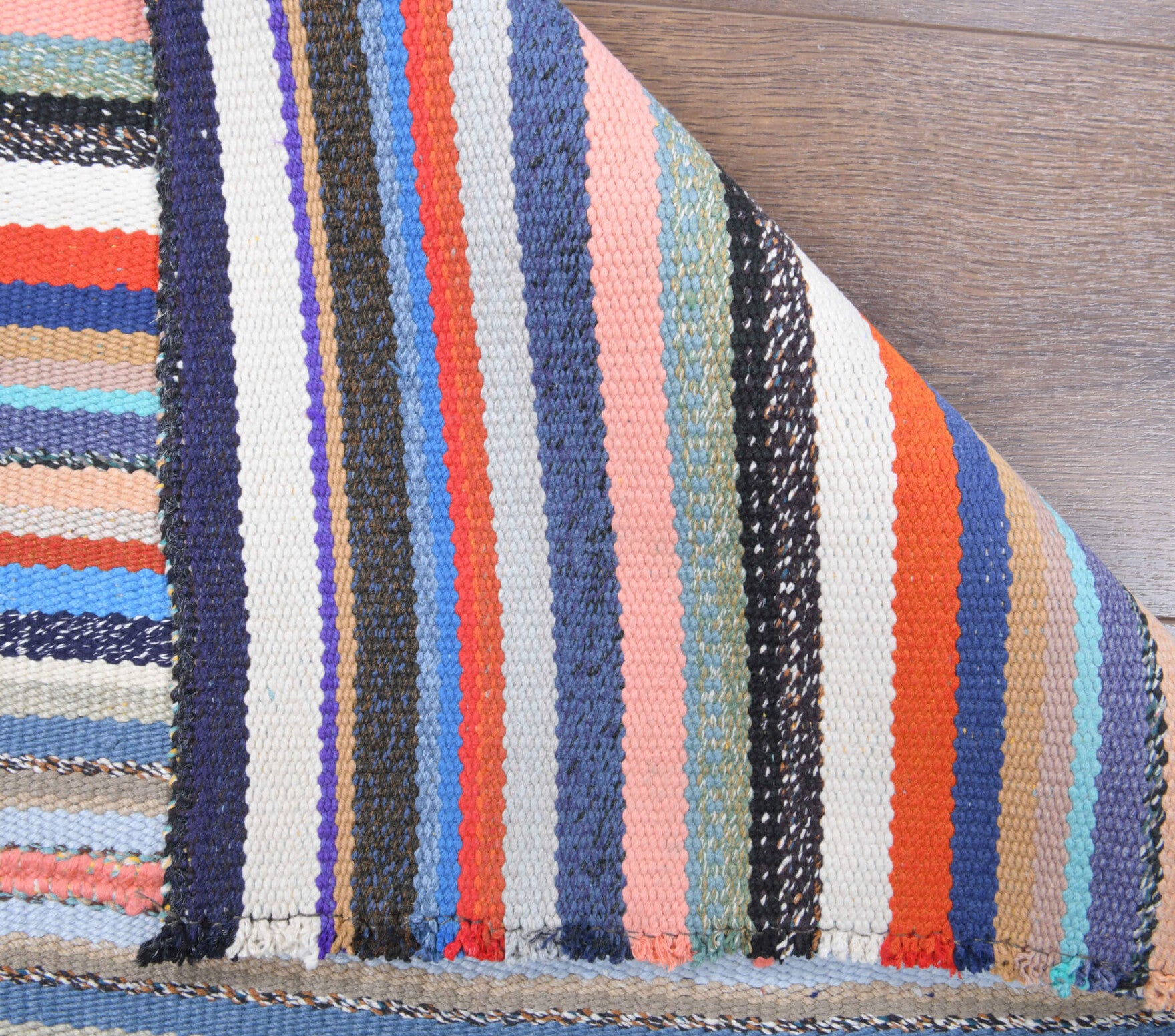 Authentic Anatolian vintage kilim rug (1970s) with striped design – one-of-a-kind at Fame Rugs