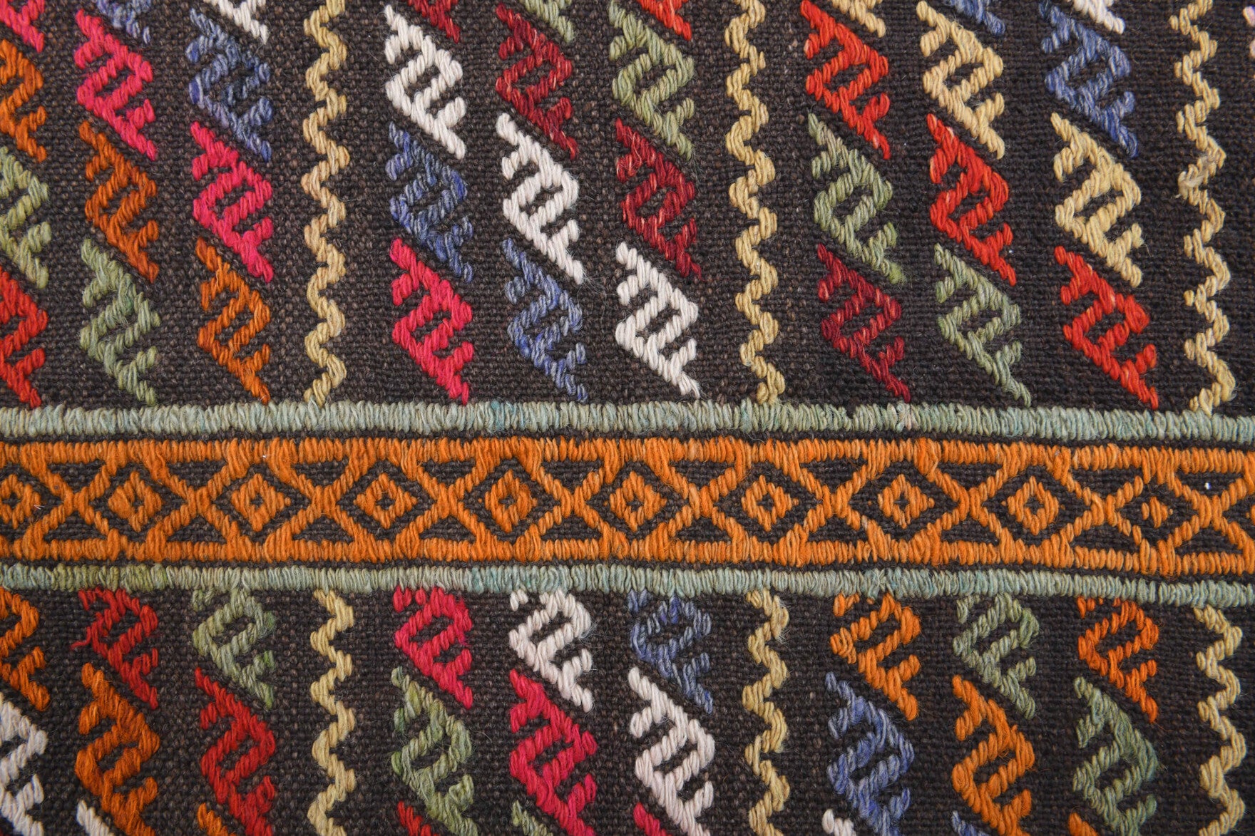 Pelagopelia kilim: 1970s handwoven flatweave Anatolian kilim with ikat motifs and cotton backing
