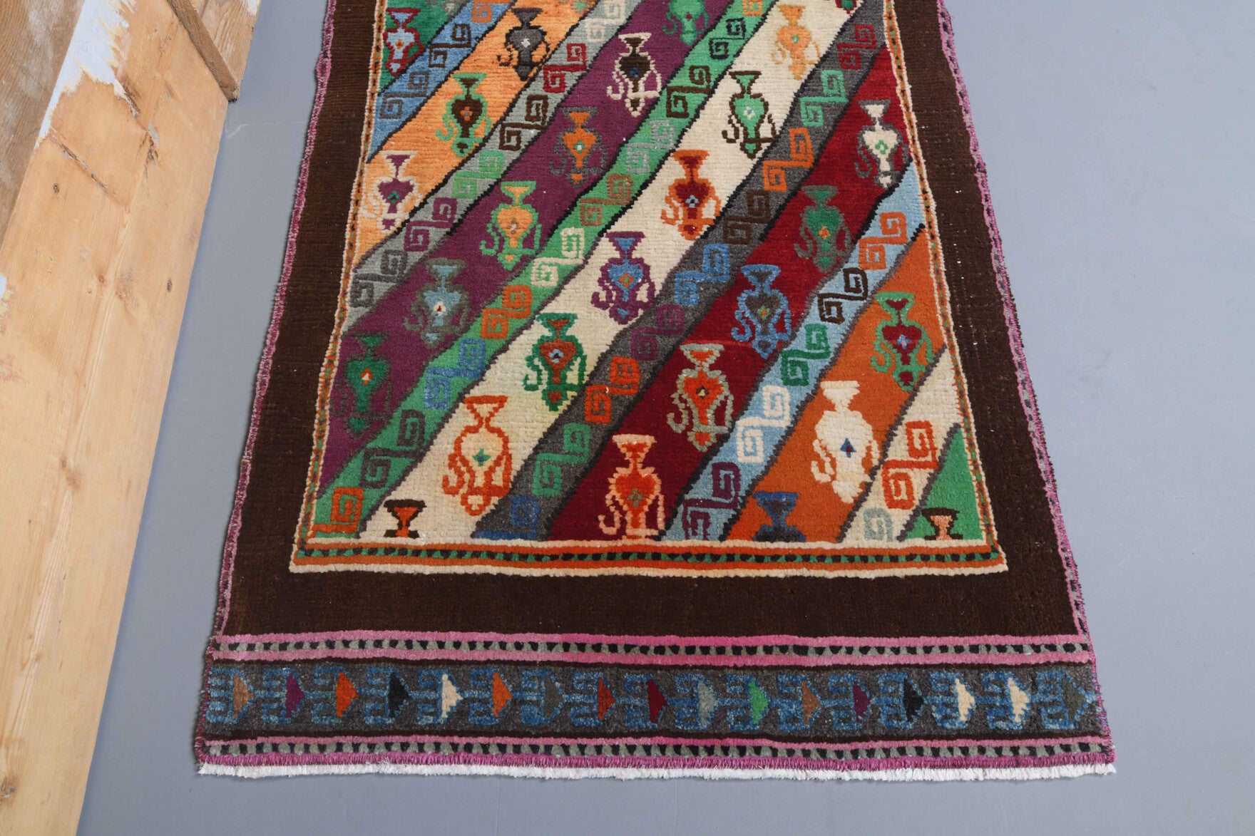 Timophrosyne rug: 1980s handmade Anatolian rug with ikat motifs and cotton backing