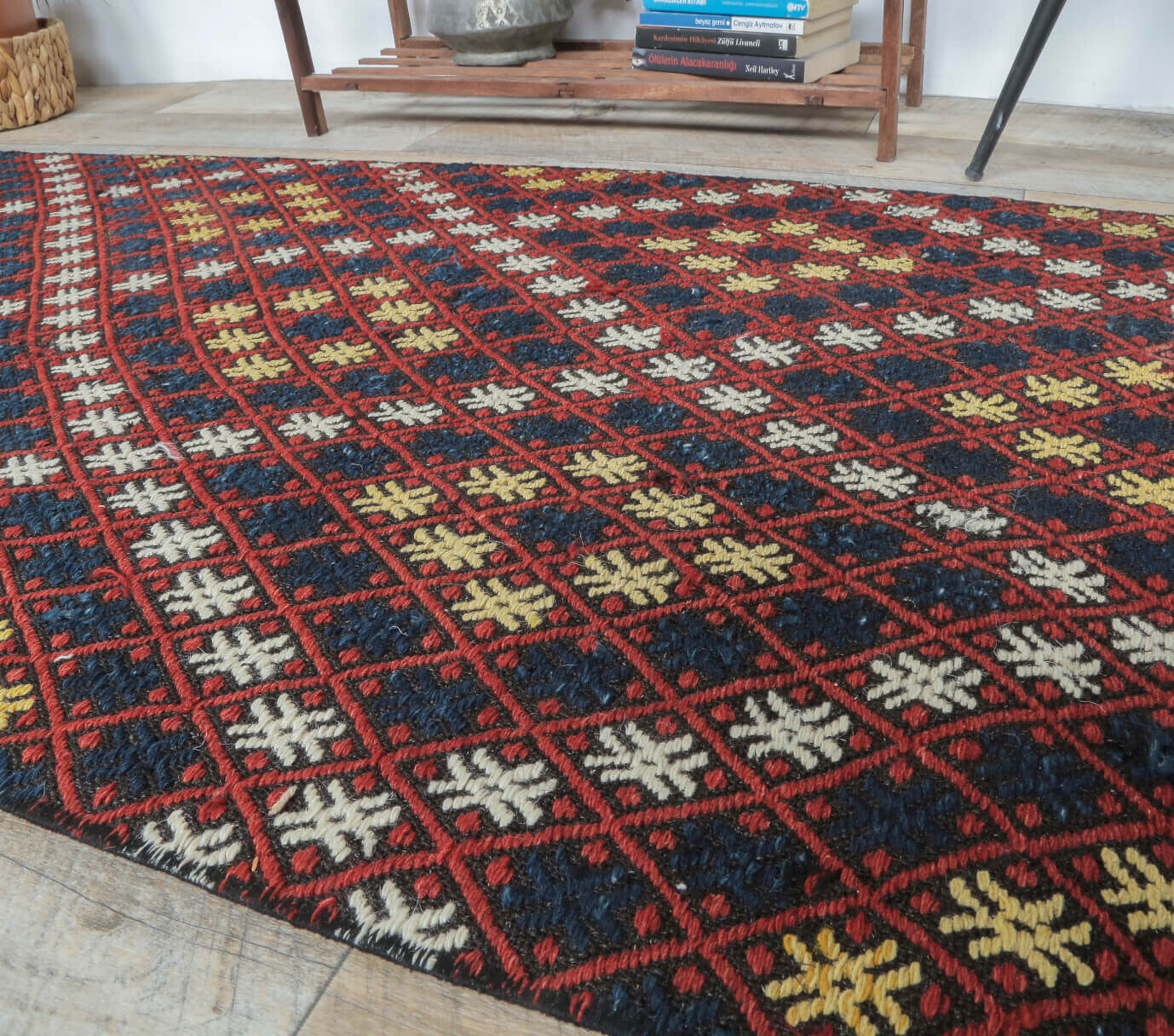 3x7 Vintage Handwoven Jajim Checkered Anatolian Rug Runner