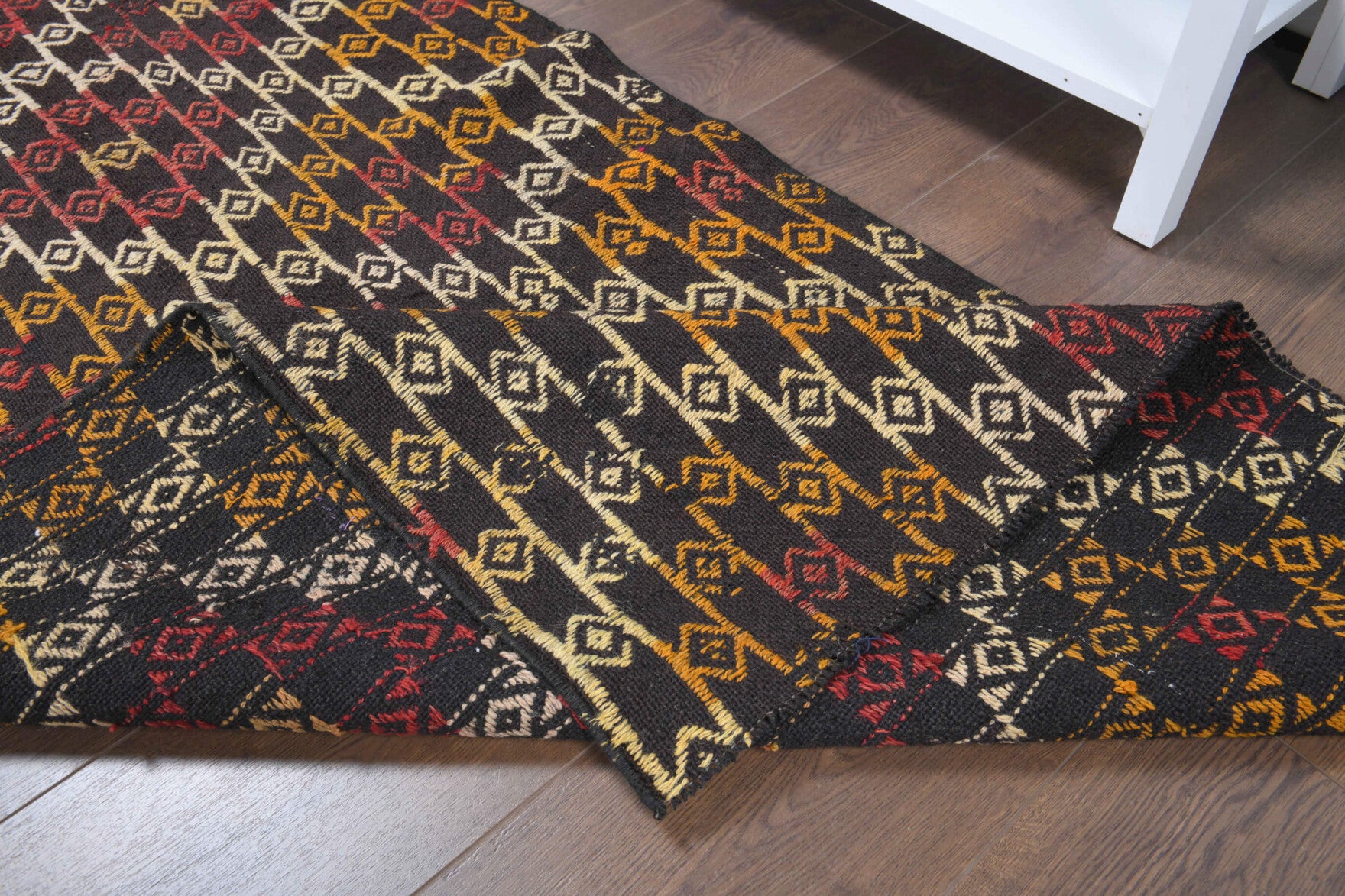 Zenosela runner: 1960s handwoven flatweave Anatolian runner with ikat motifs