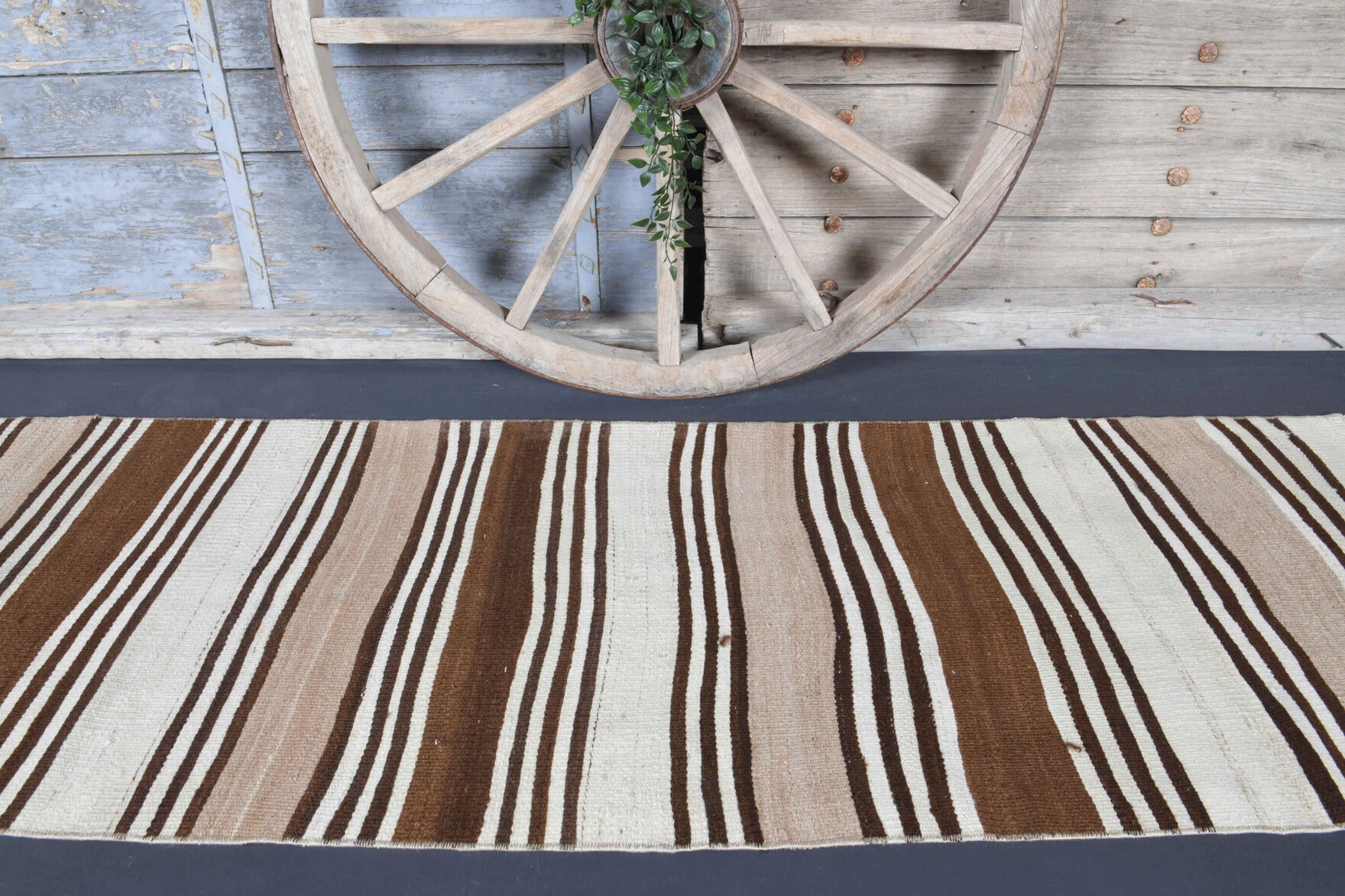 Stenomelpe runner: 1960s handwoven flatweave Anatolian runner with striped motifs