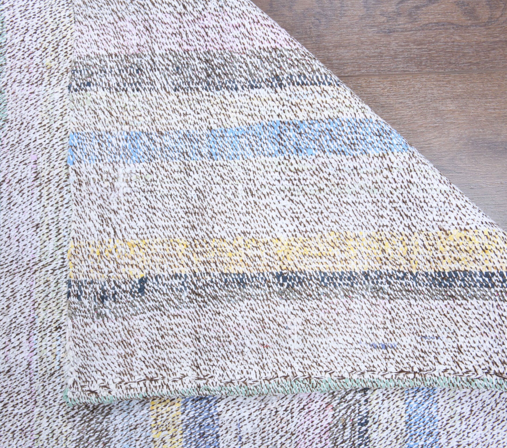 Topraknaz runner: 1960s handwoven flatweave Anatolian runner with striped motifs and cotton backing