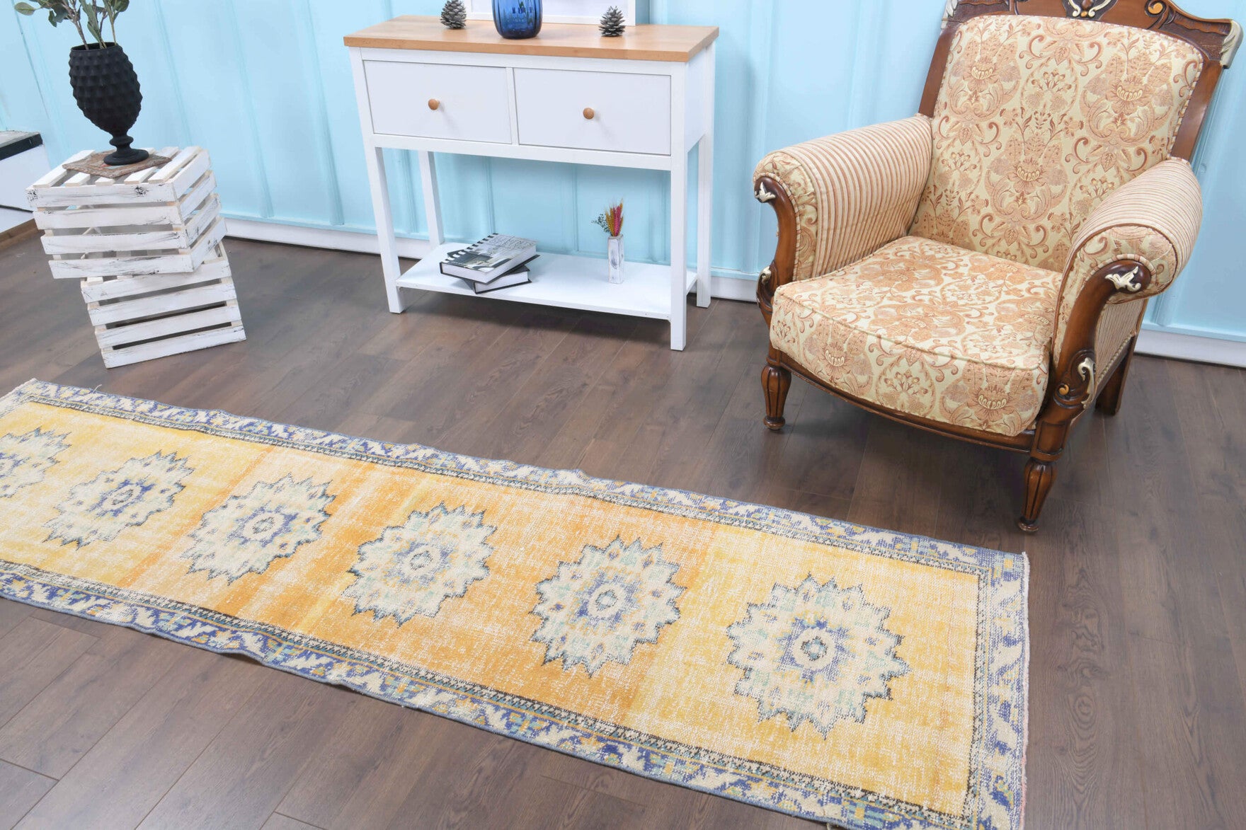 Petraea runner: 1970s handmade Anatolian runner with oriental motifs and cotton backing