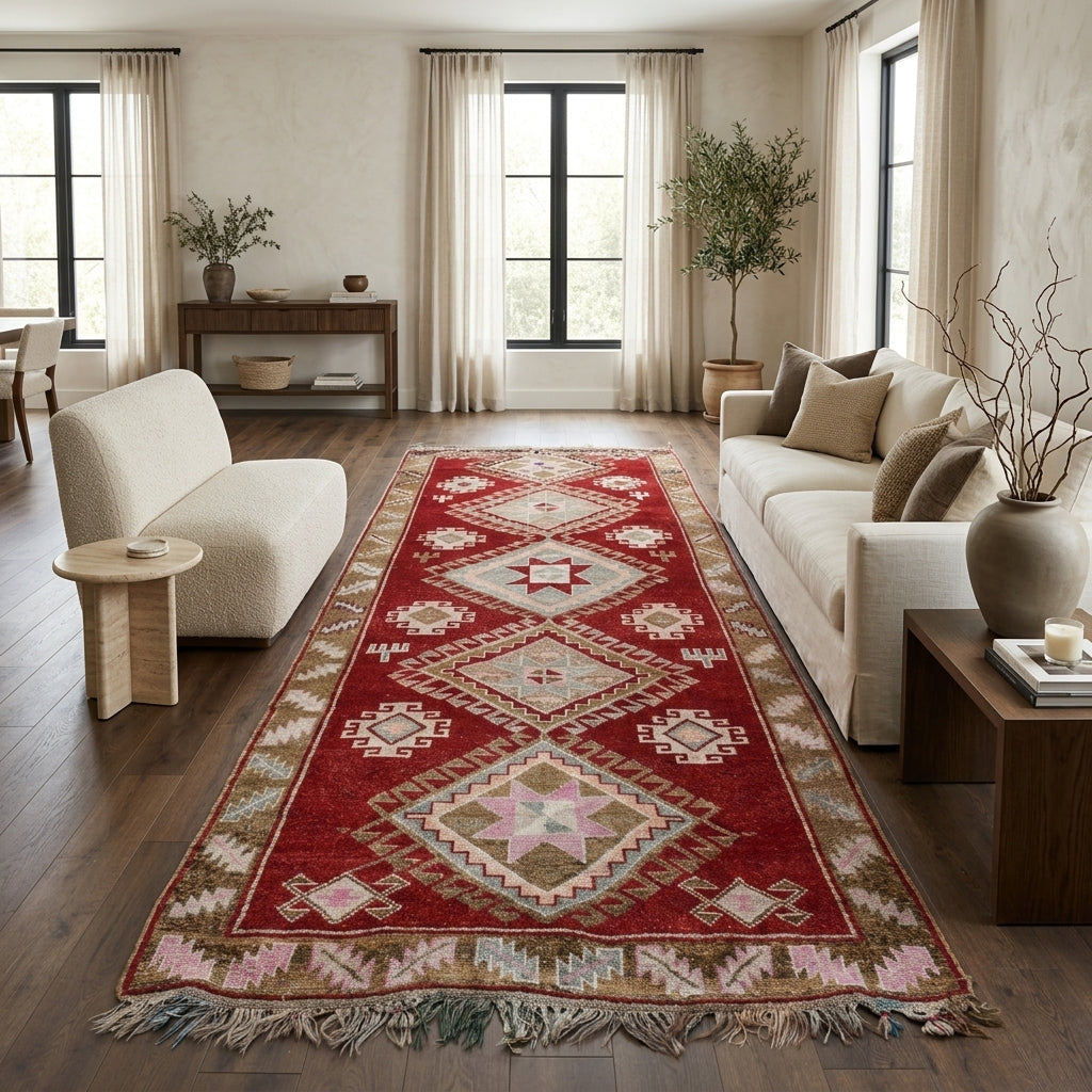 Geometric pattern on the Hesperthalia vintage kilim runner rug – handwoven flatweave in Anatolia, Turkey