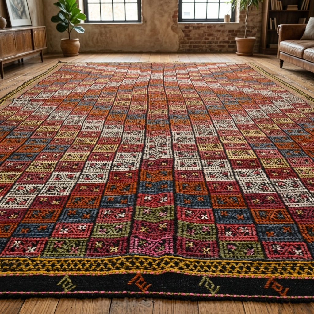 Ikat pattern on the Anahita vintage kilim rug – handwoven flatweave in Anatolia, Turkey