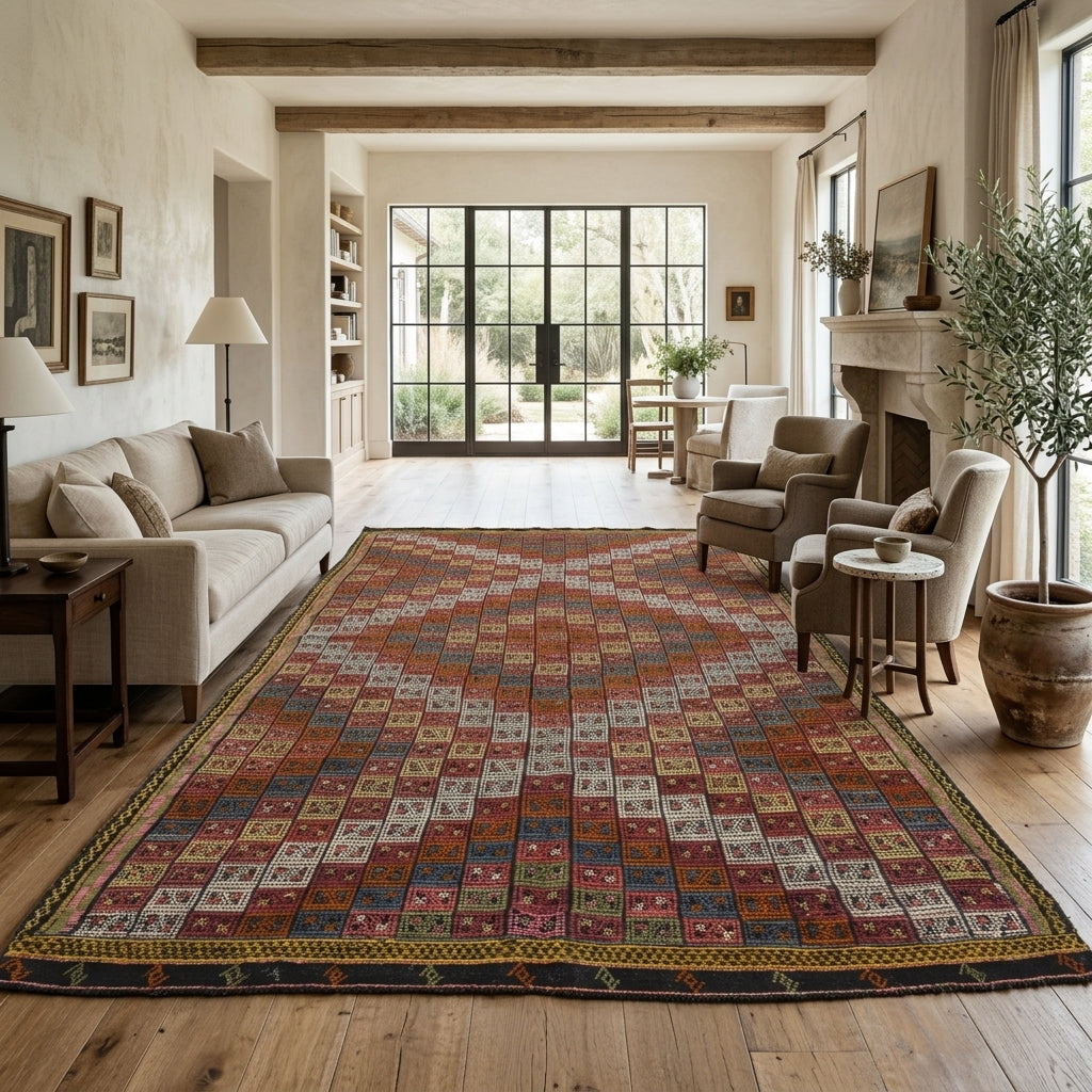 Ikat pattern on the Anahita vintage kilim rug – handwoven flatweave in Anatolia, Turkey