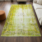 Abstract pattern on the Glaucodike Pistachio distressed vintage area rug – handmade in Anatolia, Turkey