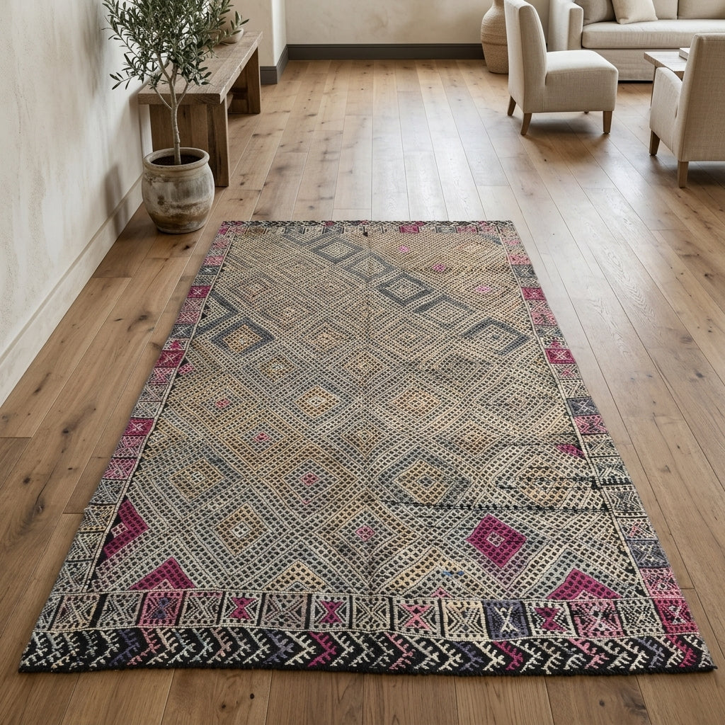 Oriental pattern on the Sunbulsad vintage kilim rug – handwoven flatweave in Anatolia, Turkey