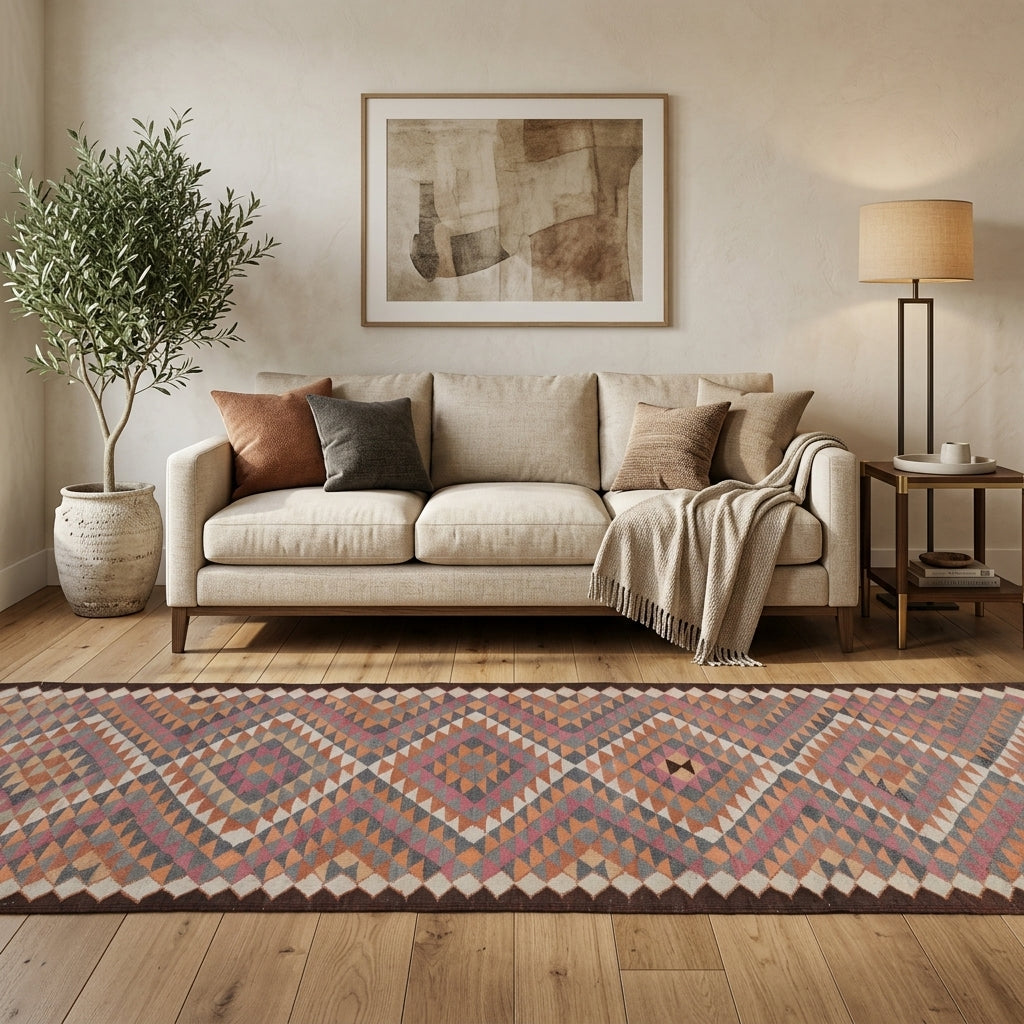 Ikat pattern on the Hilaldil 3x12 ft vintage kilim runner rug – handwoven flatweave in Anatolia, Turkey