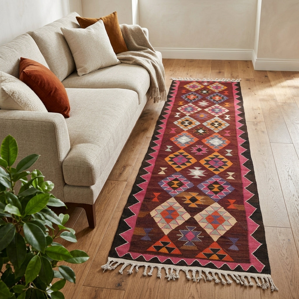 Ikat pattern on the Nephekrateia vintage kilim runner rug – handwoven flatweave in Anatolia, Turkey