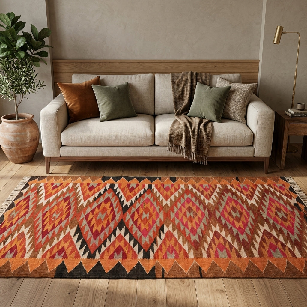 Ikat pattern on the Asinaz vintage kilim runner rug – handwoven flatweave in Anatolia, Turkey
