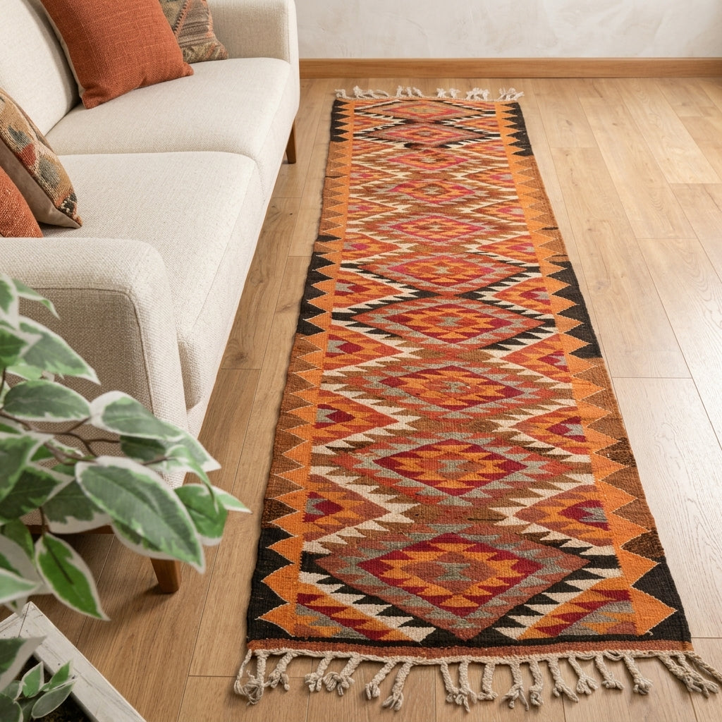 Ikat pattern on the Asinaz vintage kilim runner rug – handwoven flatweave in Anatolia, Turkey