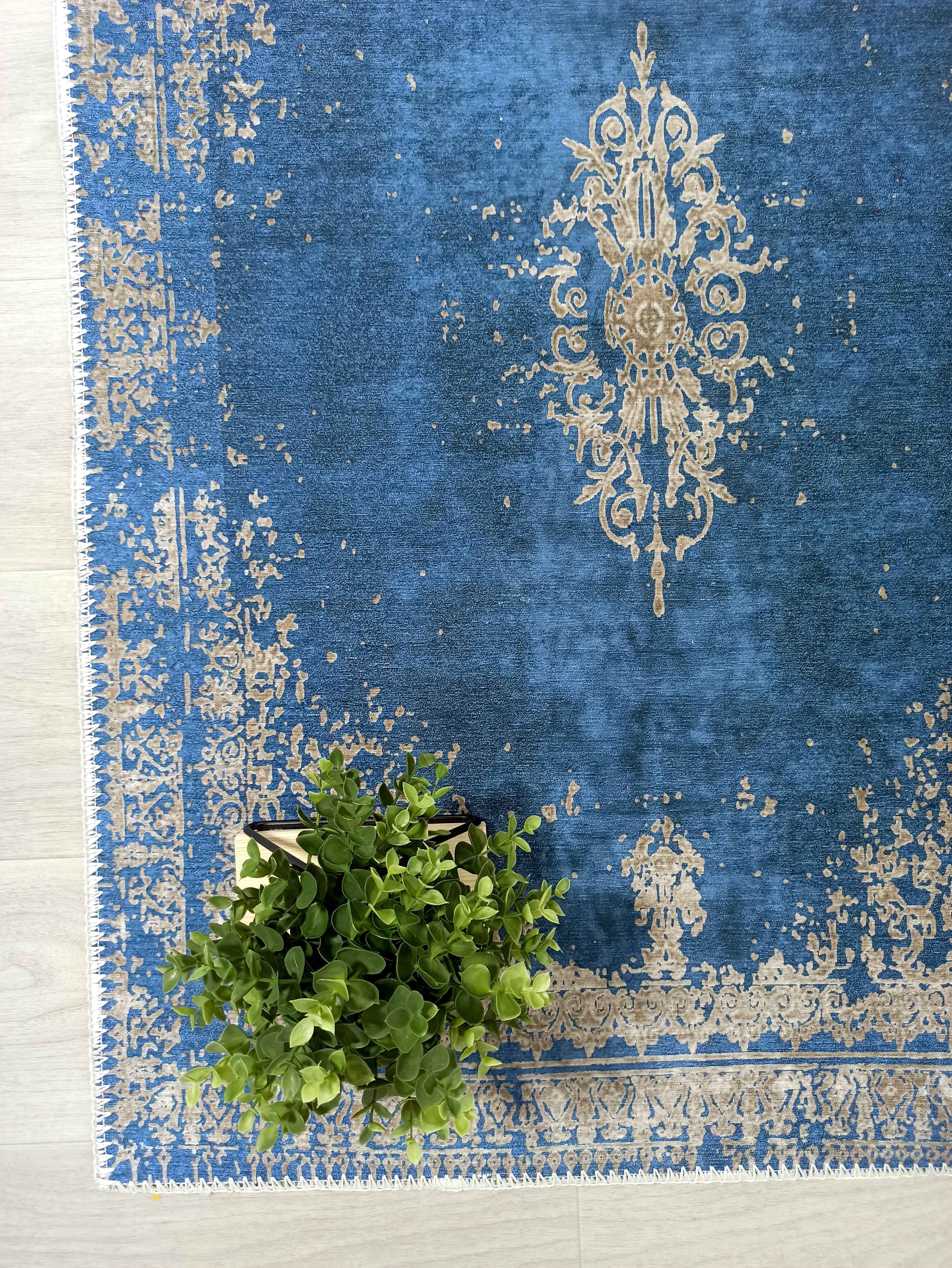 Turkish Light Blue Navy Blue Vintage Rug