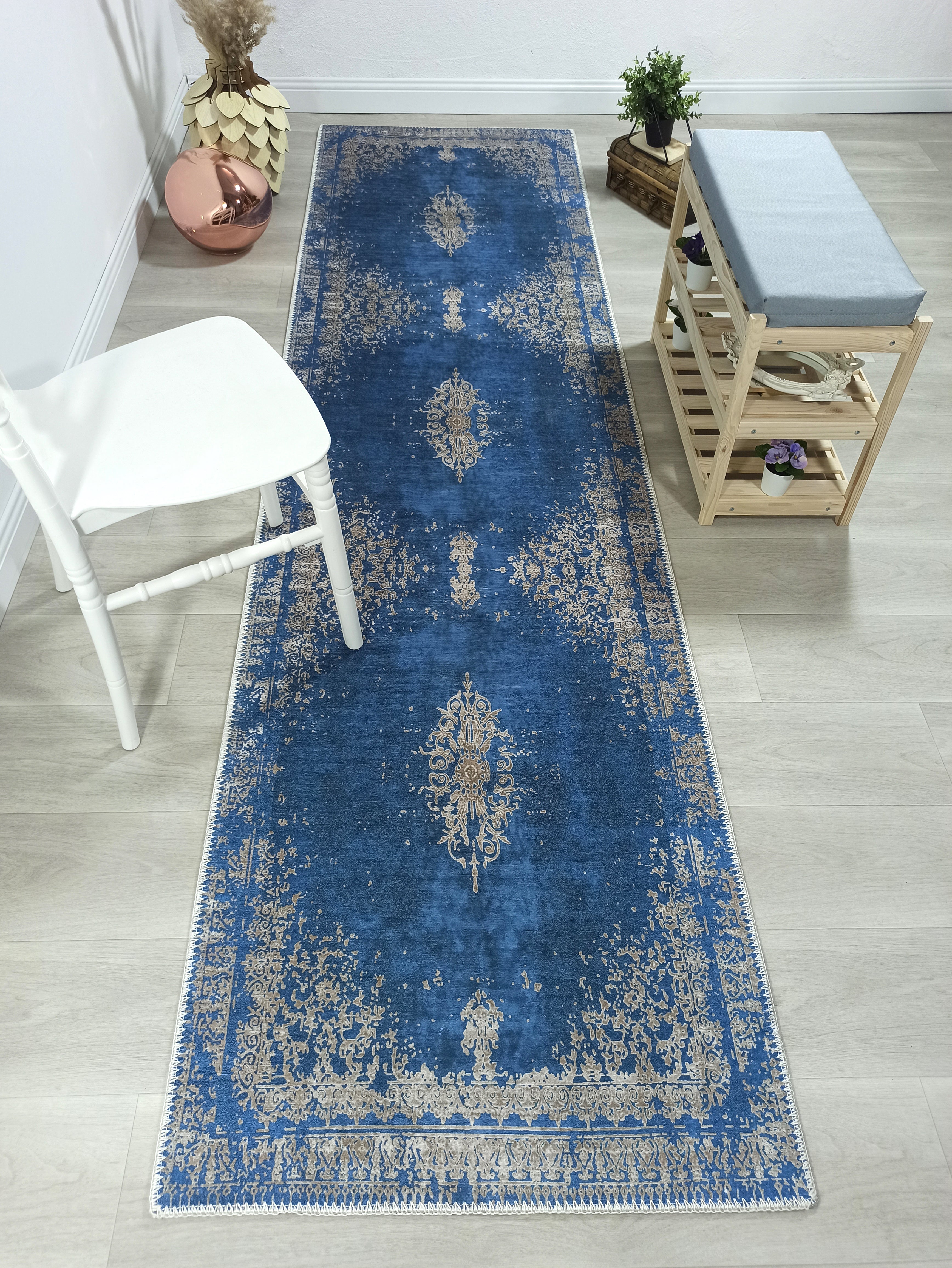 Turkish Light Blue Navy Blue Vintage Rug