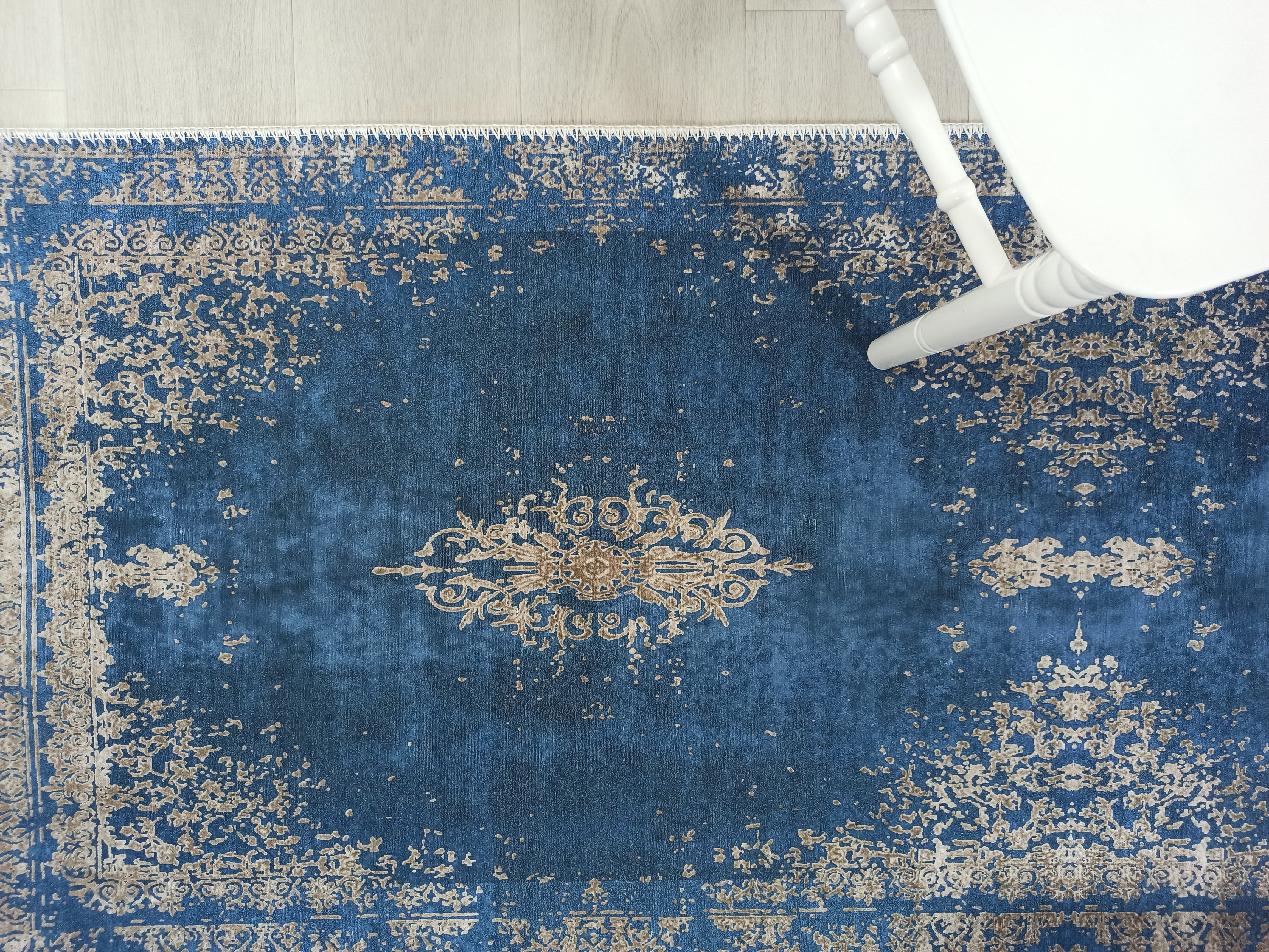 Turkish Light Blue Navy Blue Vintage Rug