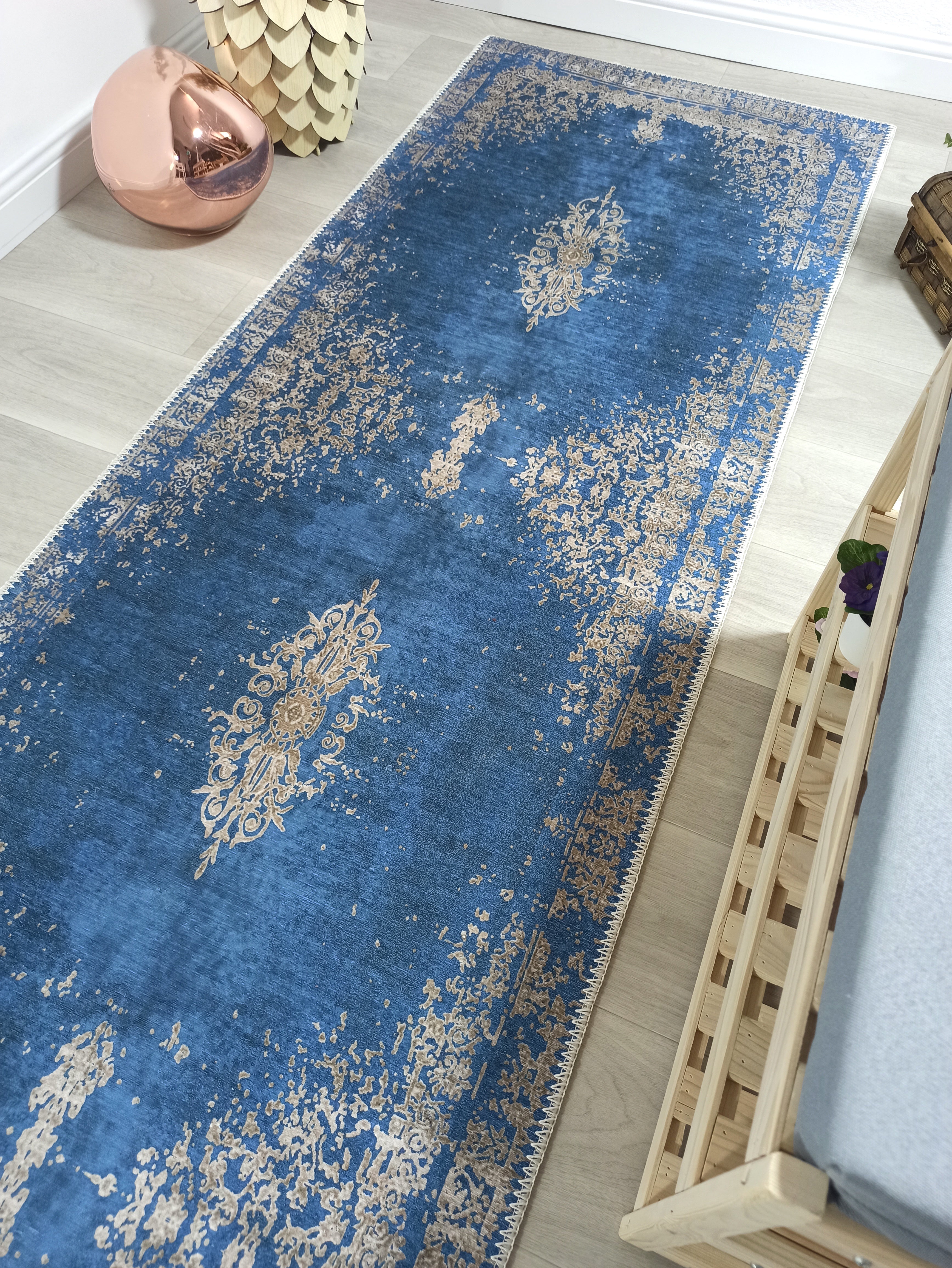 Turkish Light Blue Navy Blue Vintage Rug