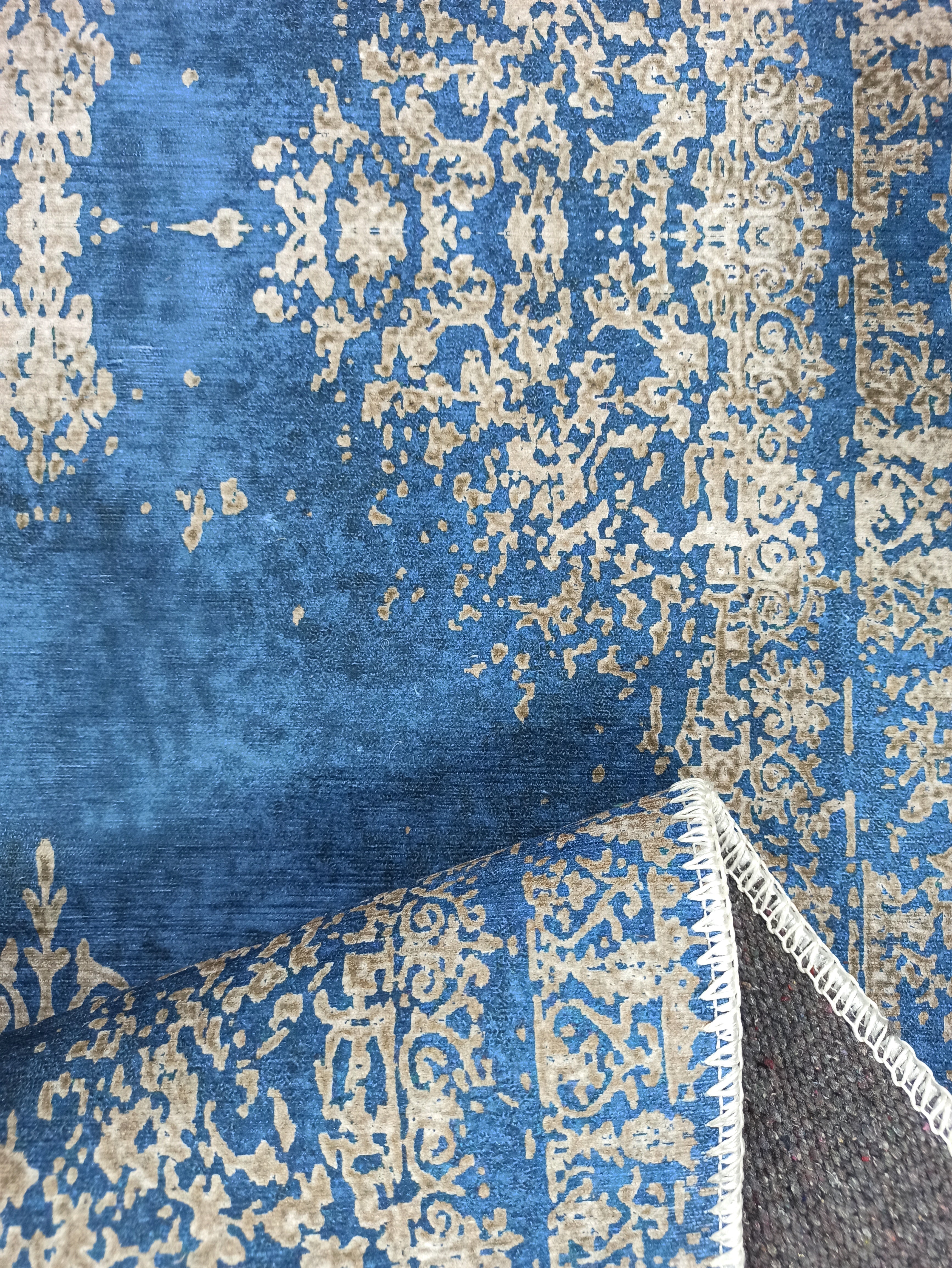 Turkish Light Blue Navy Blue Vintage Rug