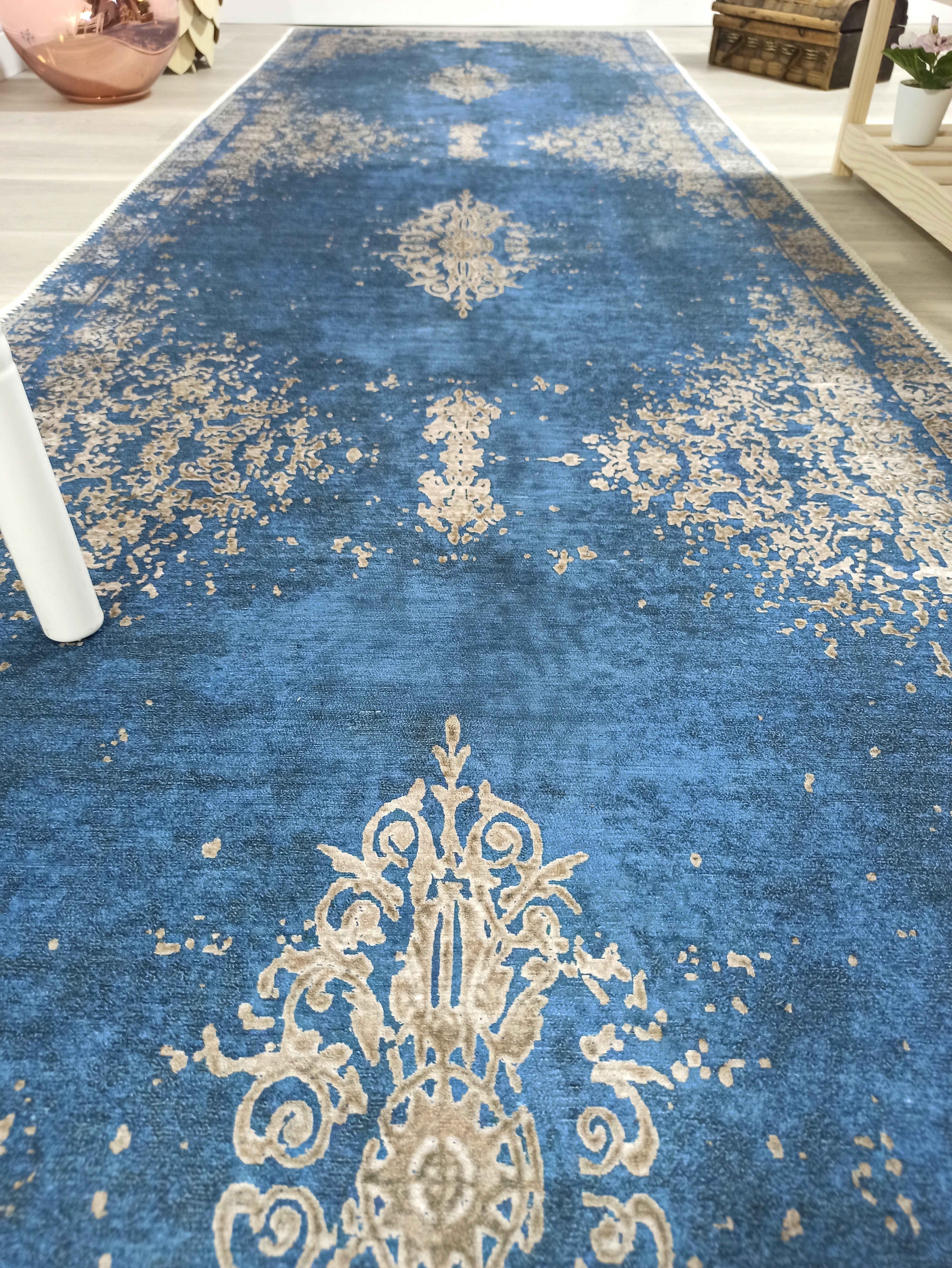 Turkish Light Blue Navy Blue Vintage Rug