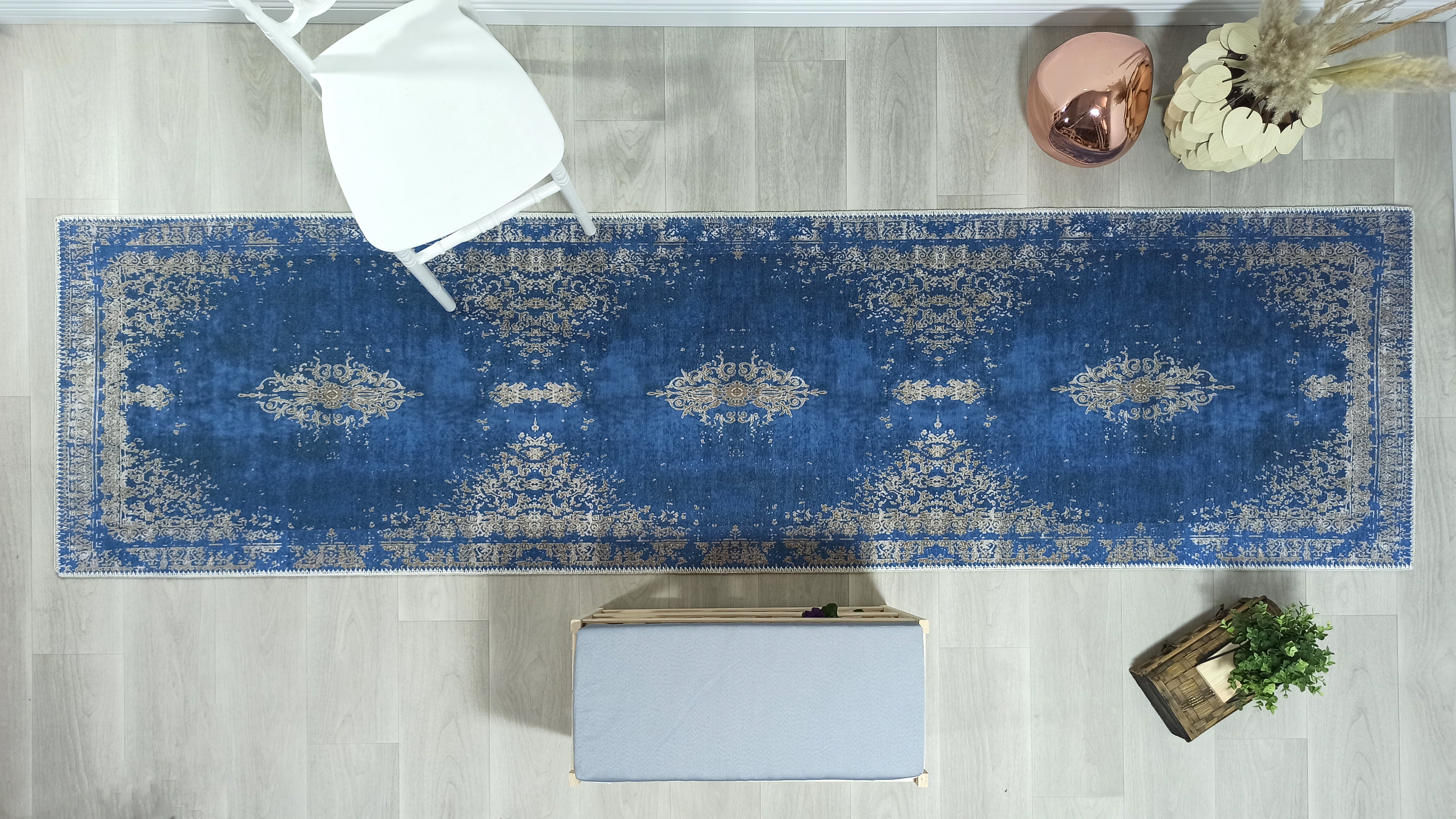 Turkish Light Blue Navy Blue Vintage Rug