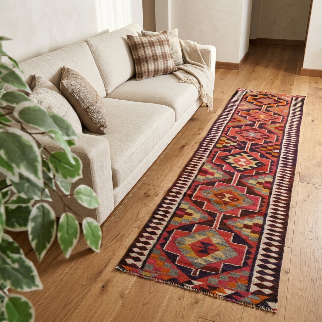 Ikat pattern on the Ceydapeyker vintage kilim runner rug – handwoven flatweave in Anatolia, Turkey