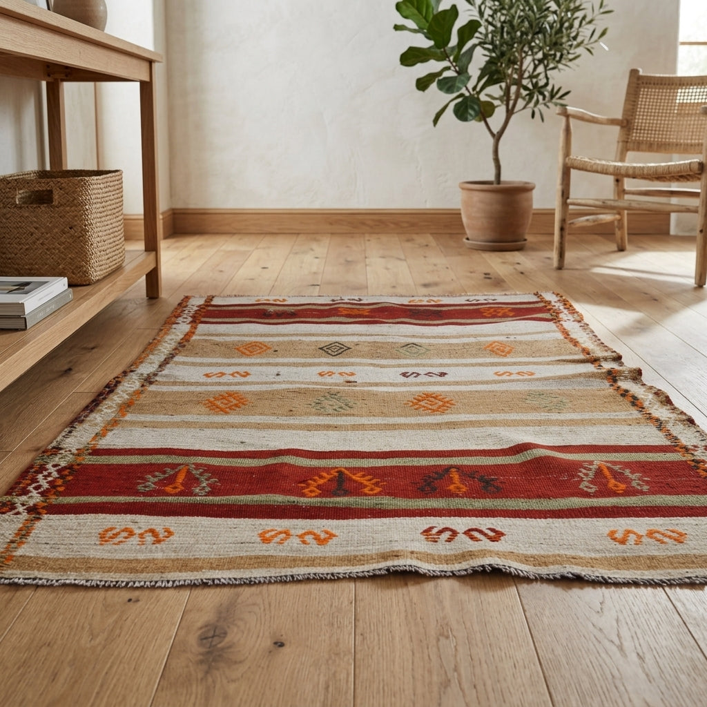 Oriental pattern on the Servpeyker vintage kilim rug – handwoven flatweave in Anatolia, Turkey