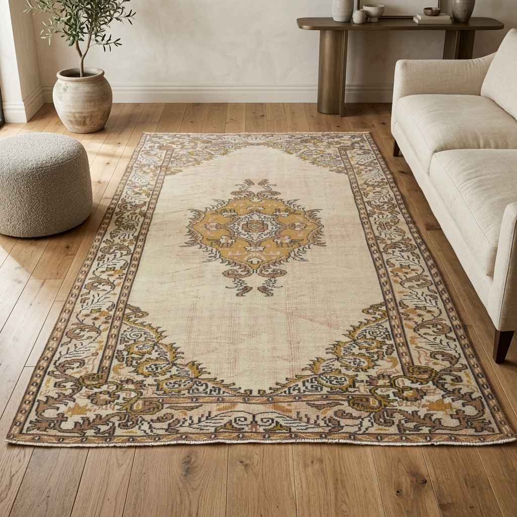 Medallion and bordered pattern on the Mehtapnur vintage area rug – handmade in Anatolia, Turkey