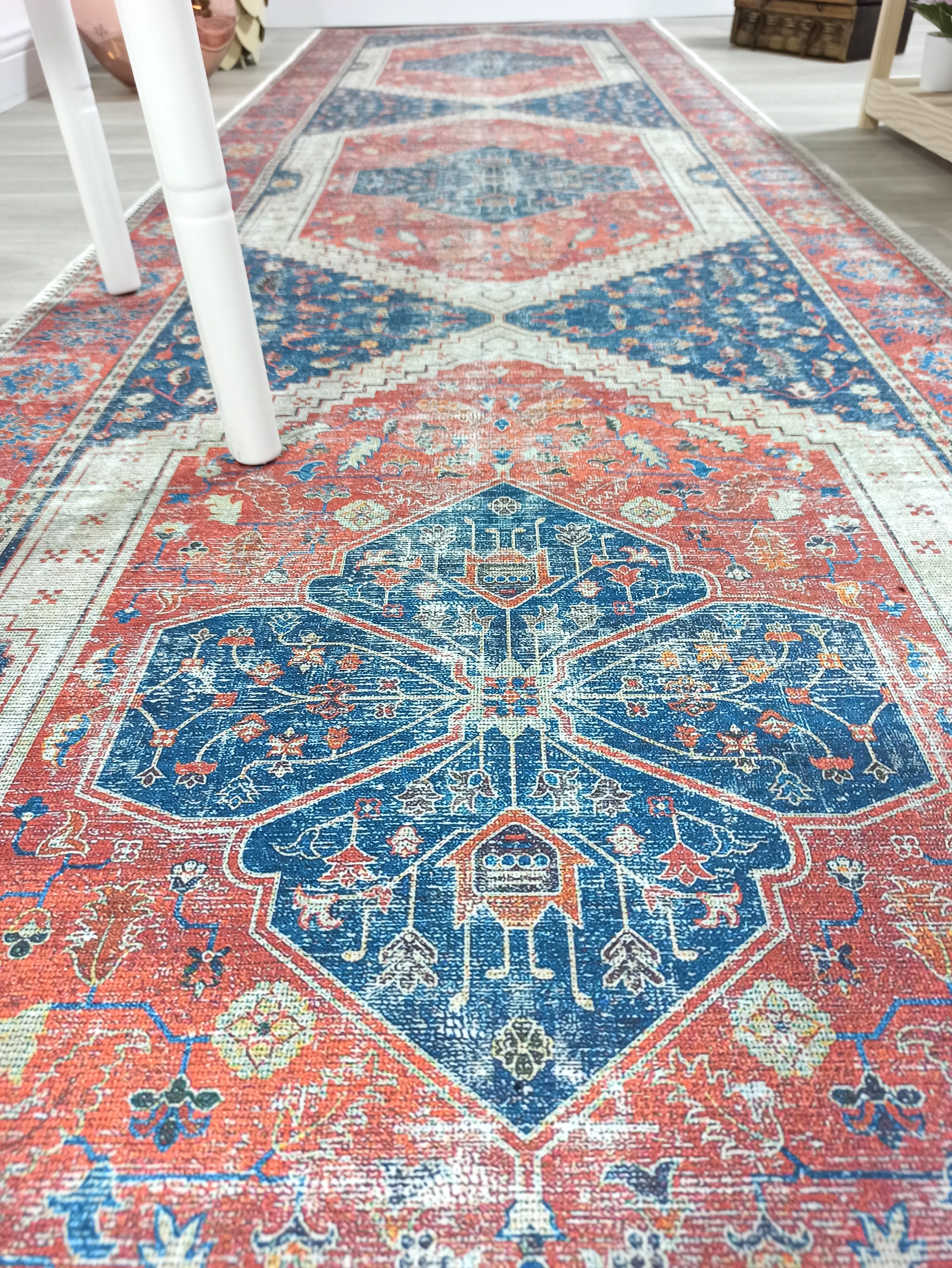 Turkish Vintage Distressed Looks Red Blue Rug