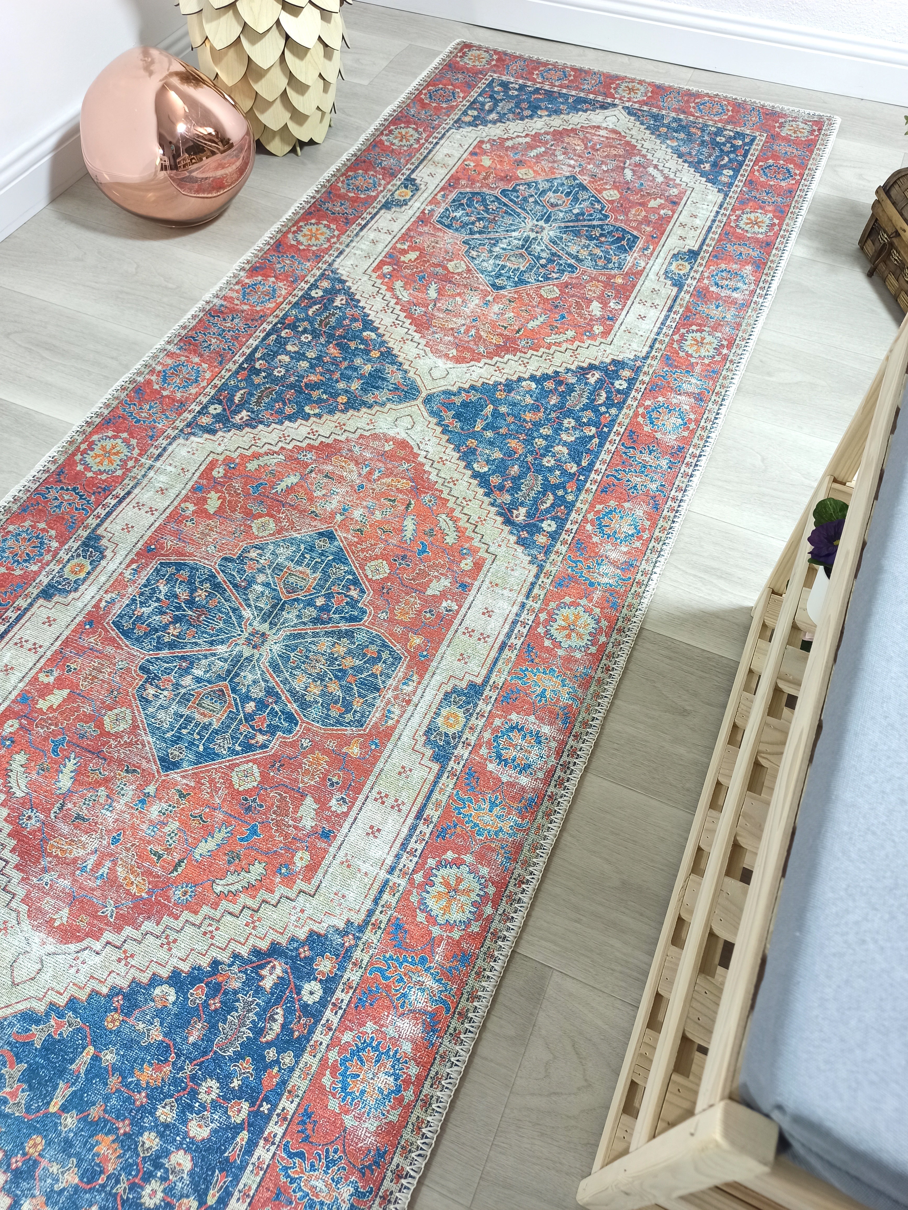 Turkish Vintage Distressed Looks Red Blue Rug