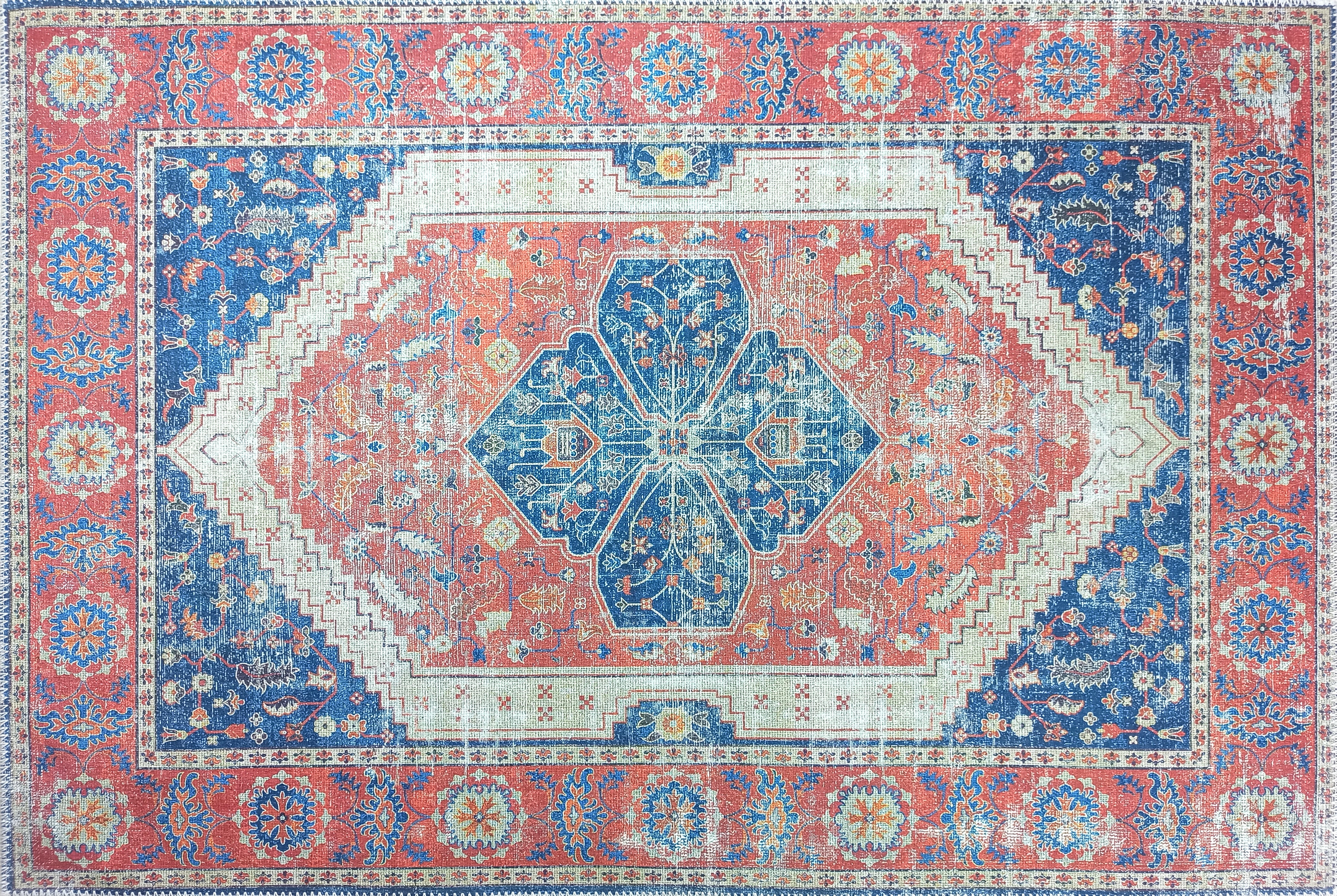 Turkish Vintage Distressed Looks Red Blue Rug