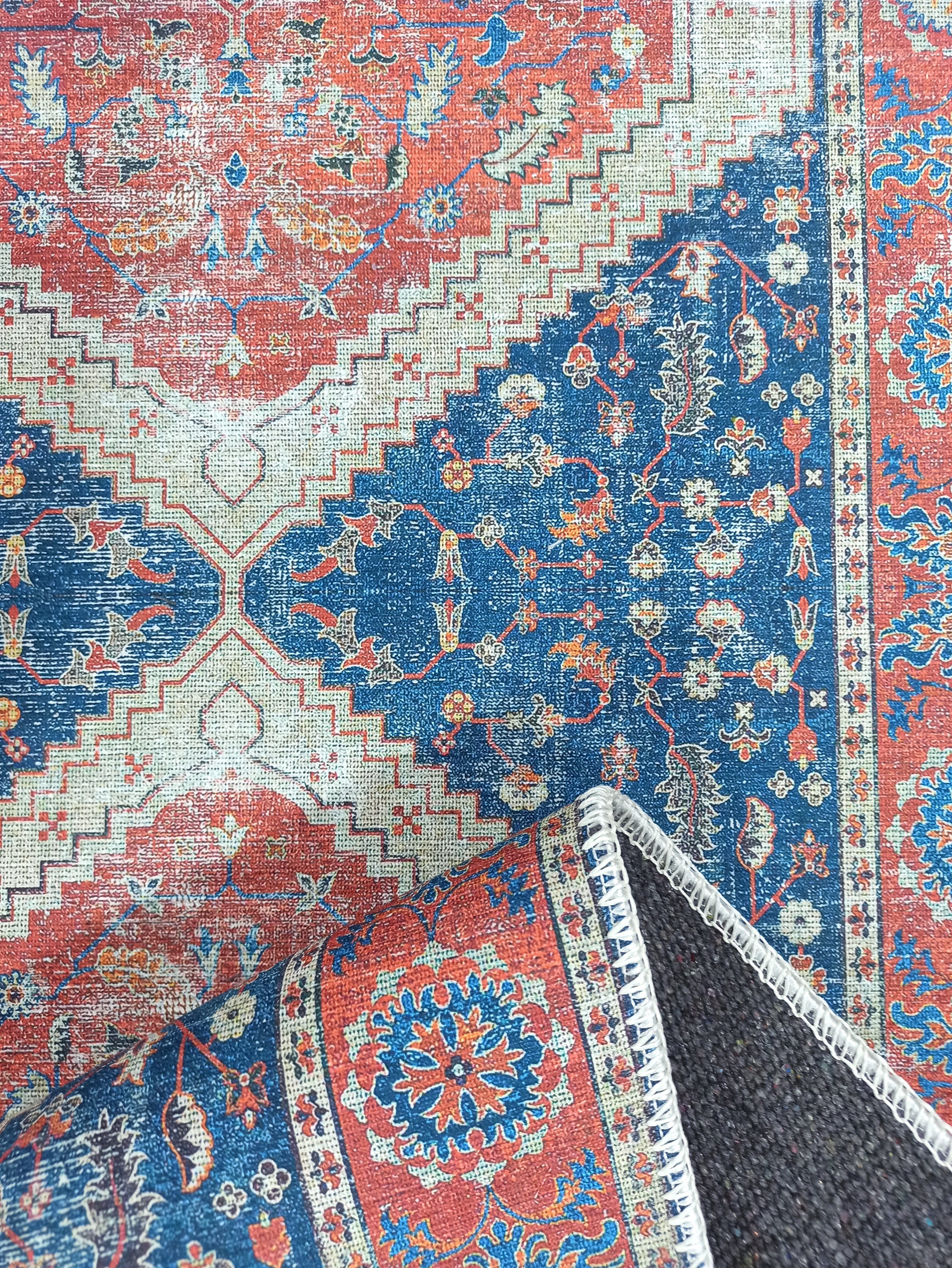 Turkish Vintage Distressed Looks Red Blue Rug
