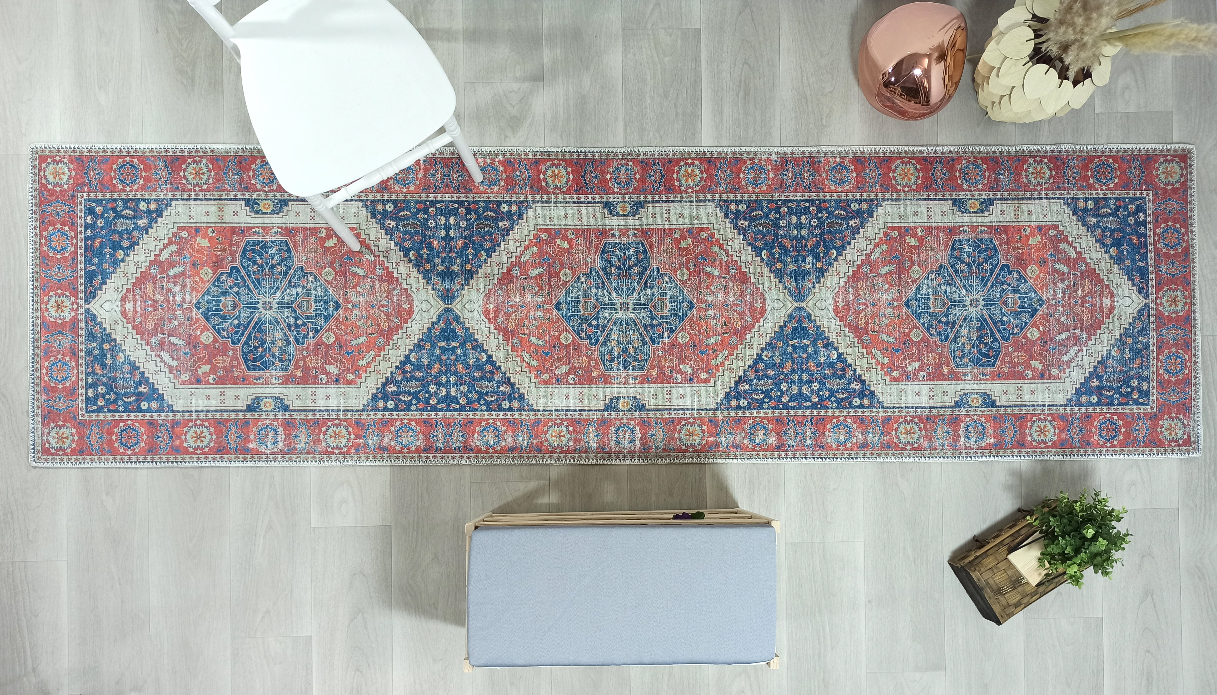 Turkish Vintage Distressed Looks Red Blue Rug