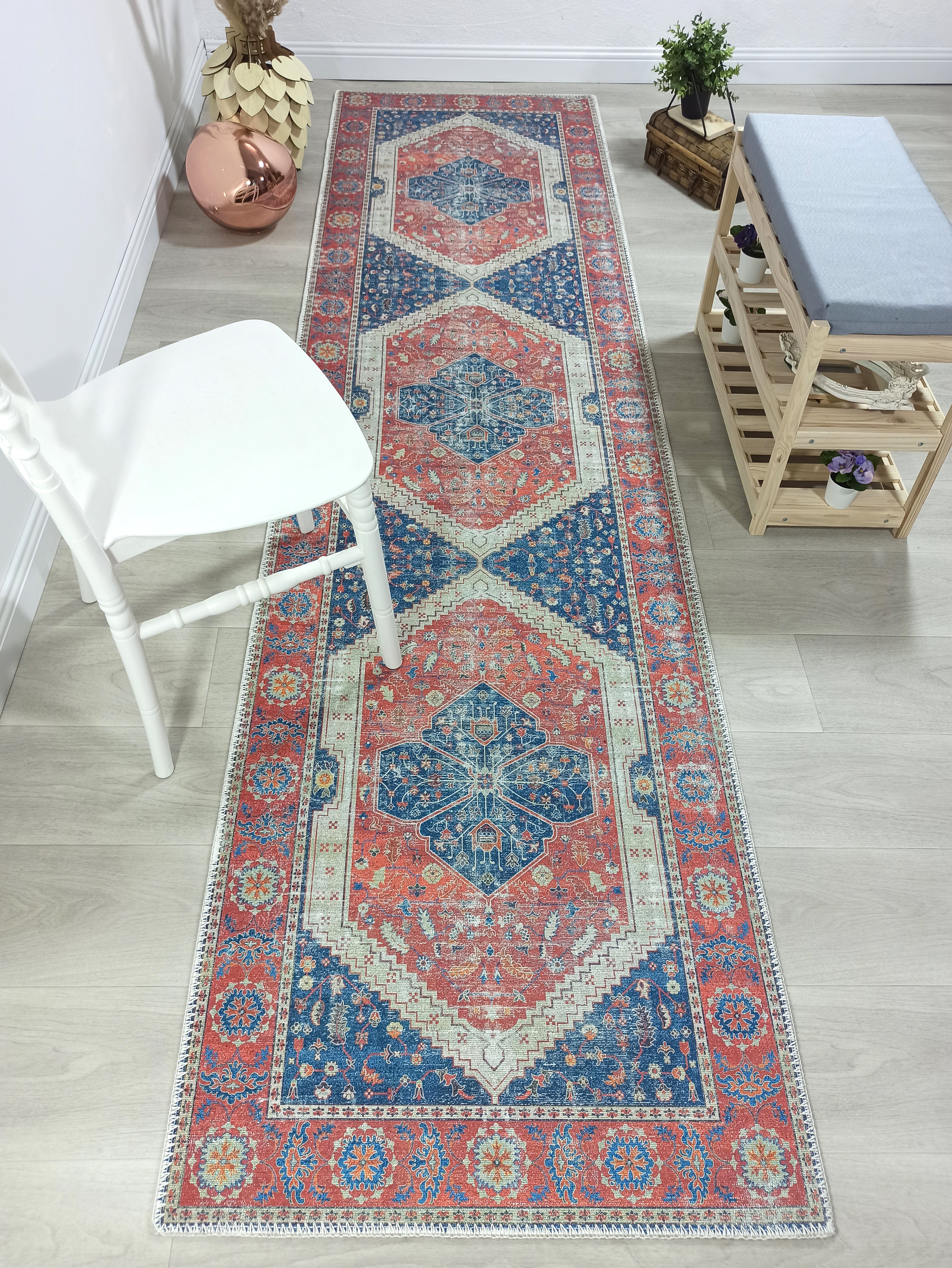 Turkish Vintage Distressed Looks Red Blue Rug