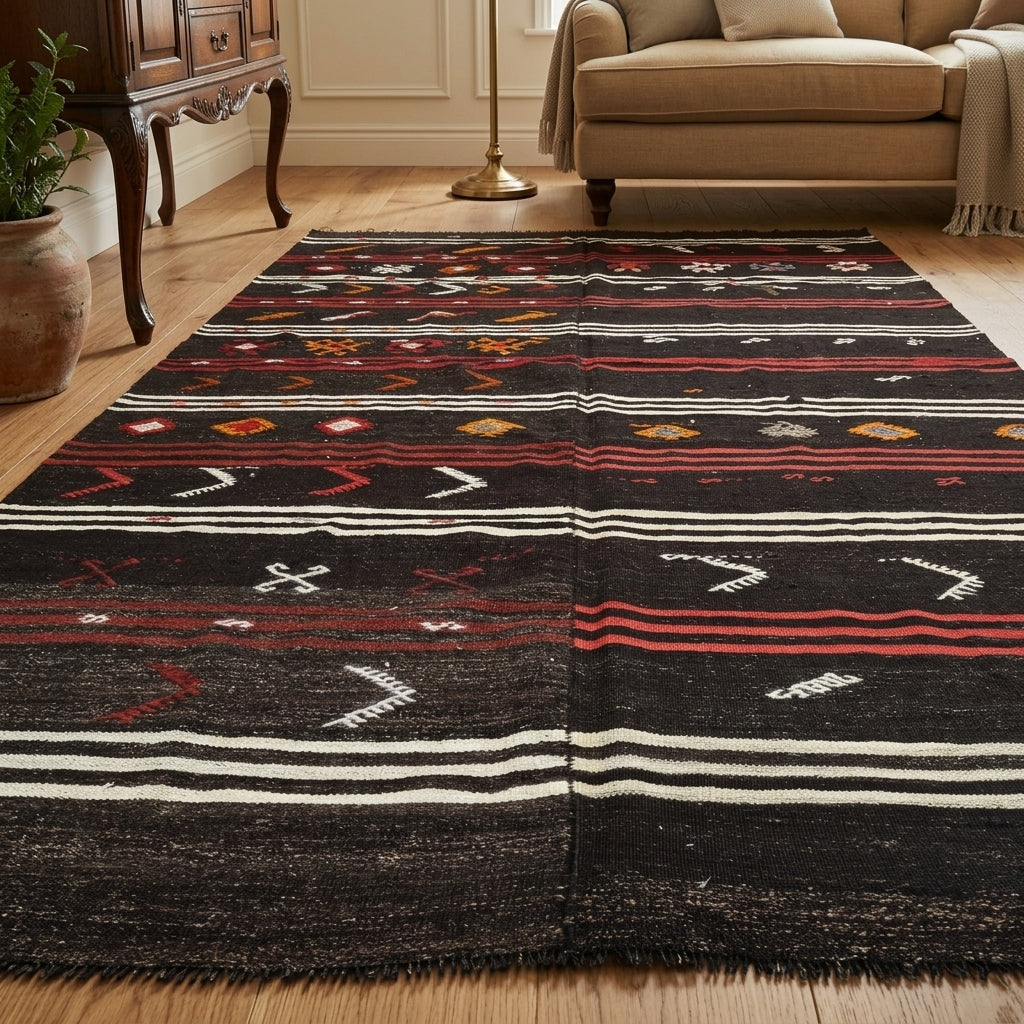 Ikat pattern on the Pelagonassa vintage kilim rug – handwoven flatweave in Anatolia, Turkey