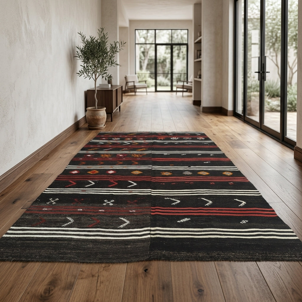Ikat pattern on the Pelagonassa vintage kilim rug – handwoven flatweave in Anatolia, Turkey