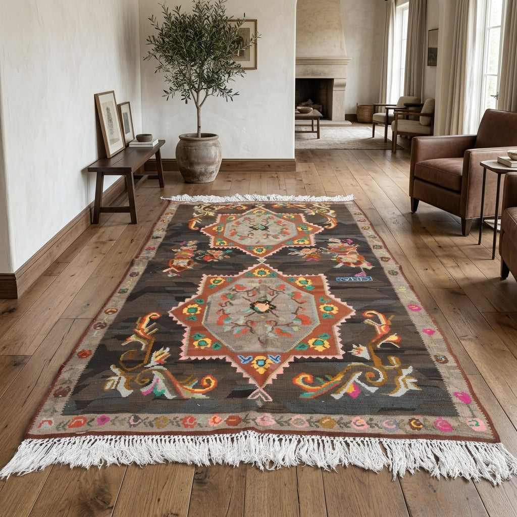 Oriental pattern on the Altinperi vintage kilim rug – handwoven flatweave in Anatolia, Turkey