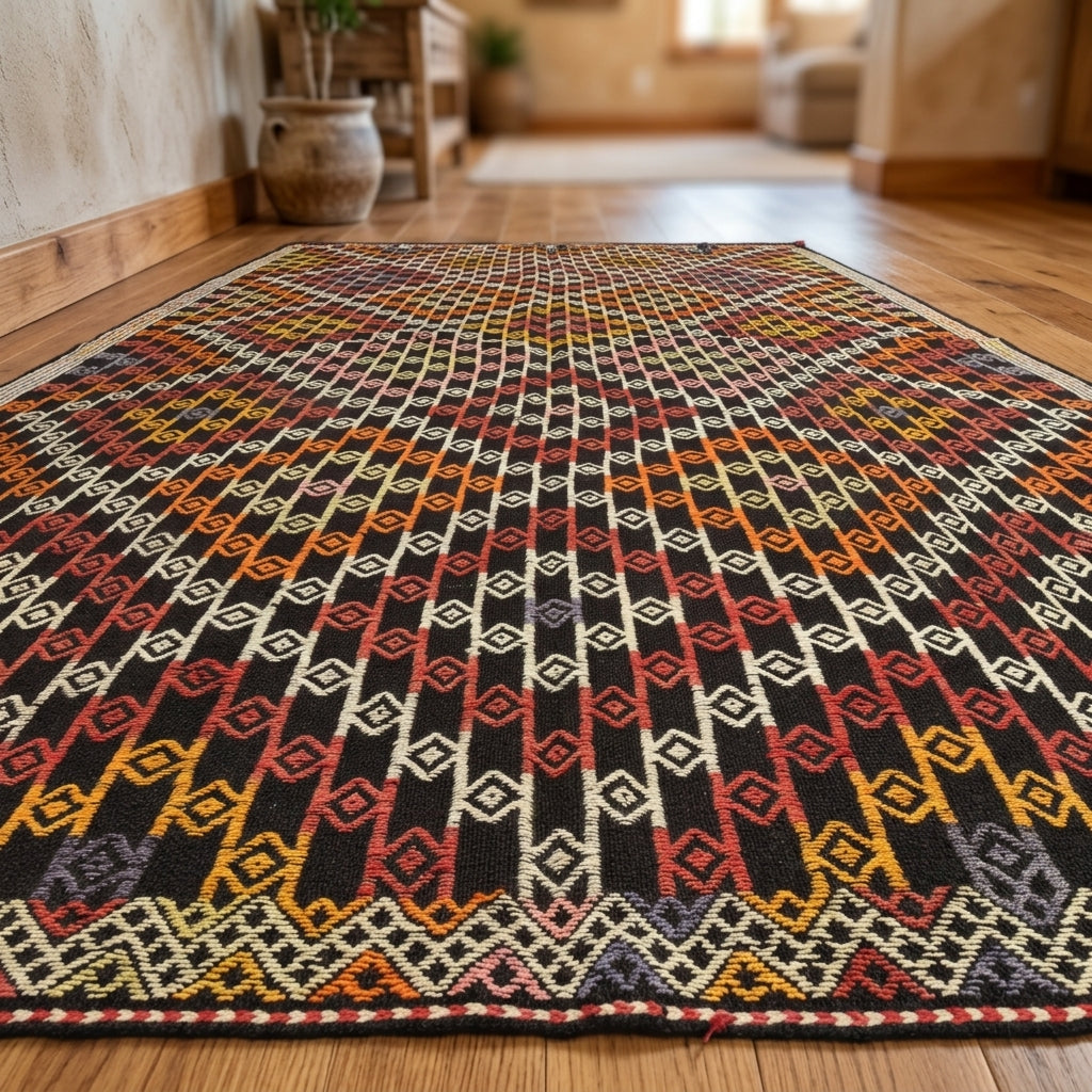 Oriental pattern on the Alevumut vintage kilim rug – handwoven flatweave in Anatolia, Turkey