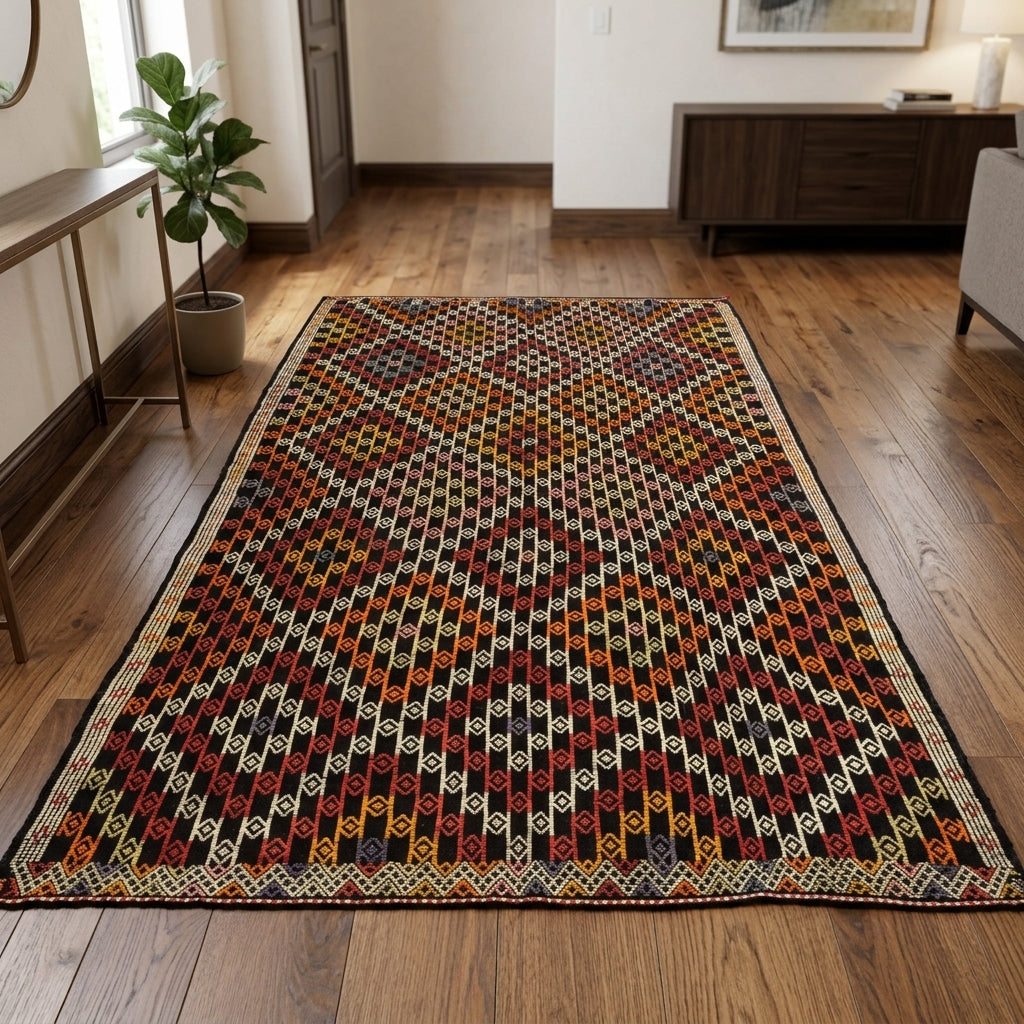 Oriental pattern on the Alevumut vintage kilim rug – handwoven flatweave in Anatolia, Turkey