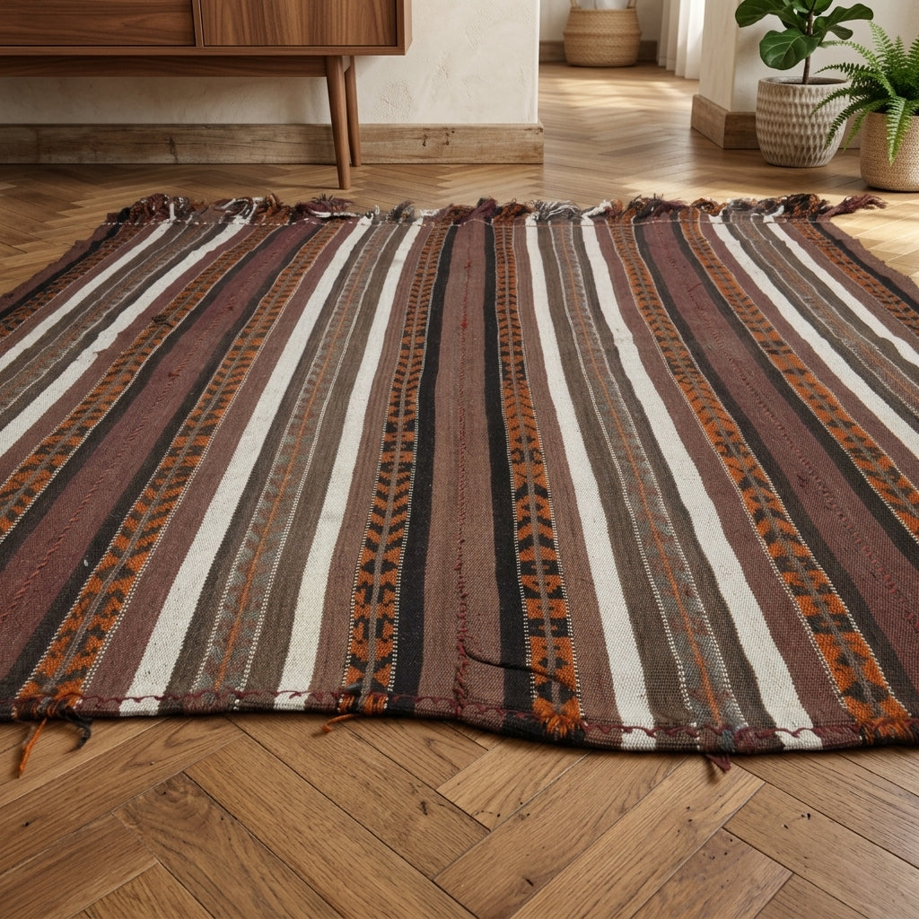 Oriental pattern on the Vefabahce vintage kilim rug – handwoven flatweave in Anatolia, Turkey