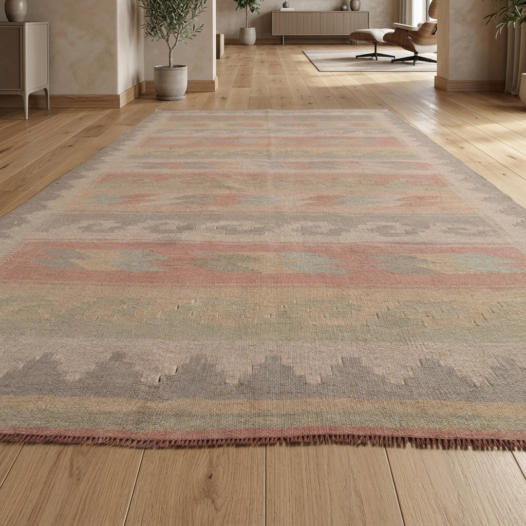 Oriental pattern on the Stenorhoe vintage kilim rug – handwoven flatweave in Anatolia, Turkey