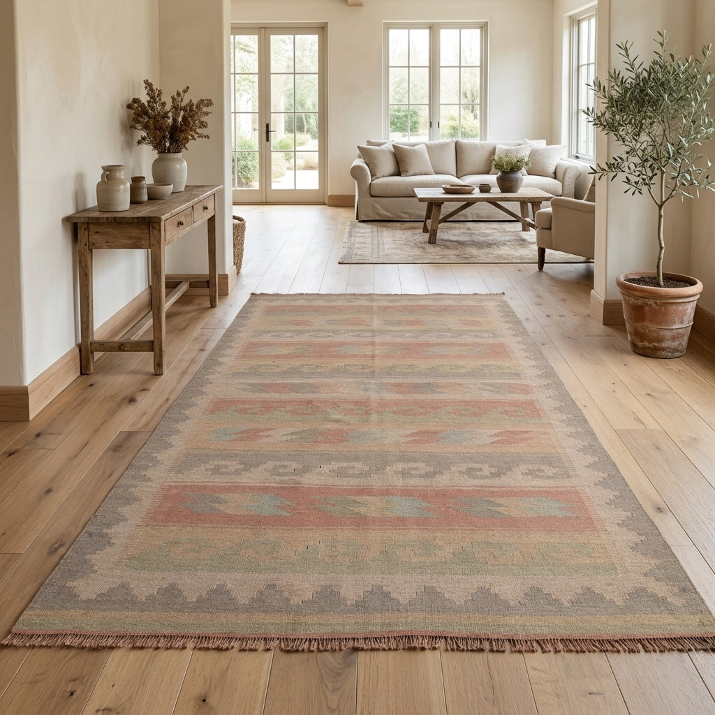 Oriental pattern on the Stenorhoe vintage kilim rug – handwoven flatweave in Anatolia, Turkey