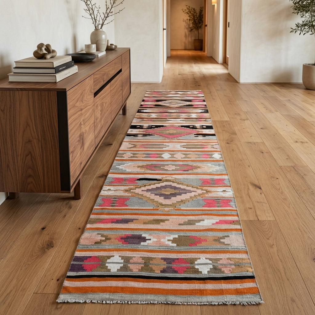 Oriental pattern on the Sabahpare vintage kilim runner rug – handwoven flatweave in Anatolia, Turkey