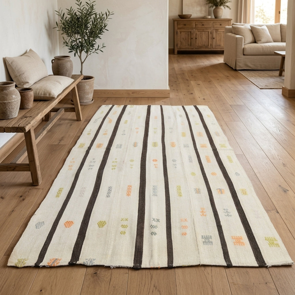 Striped pattern on the Damlaisik vintage patchwork runner rug – handmade in Anatolia, Turkey