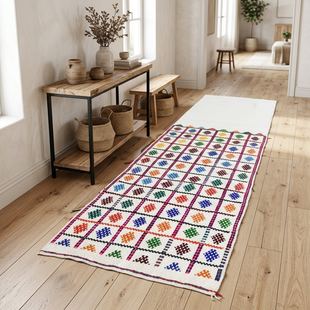 Oriental pattern on the Rusahinili vintage kilim runner rug – handwoven flatweave in Anatolia, Turkey