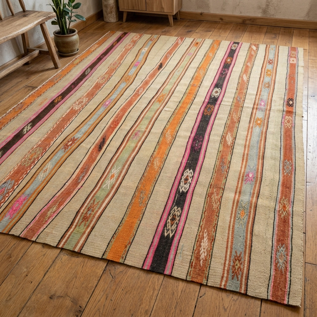 Oriental pattern on the Sosiphyllis vintage kilim rug – handwoven flatweave in Anatolia, Turkey