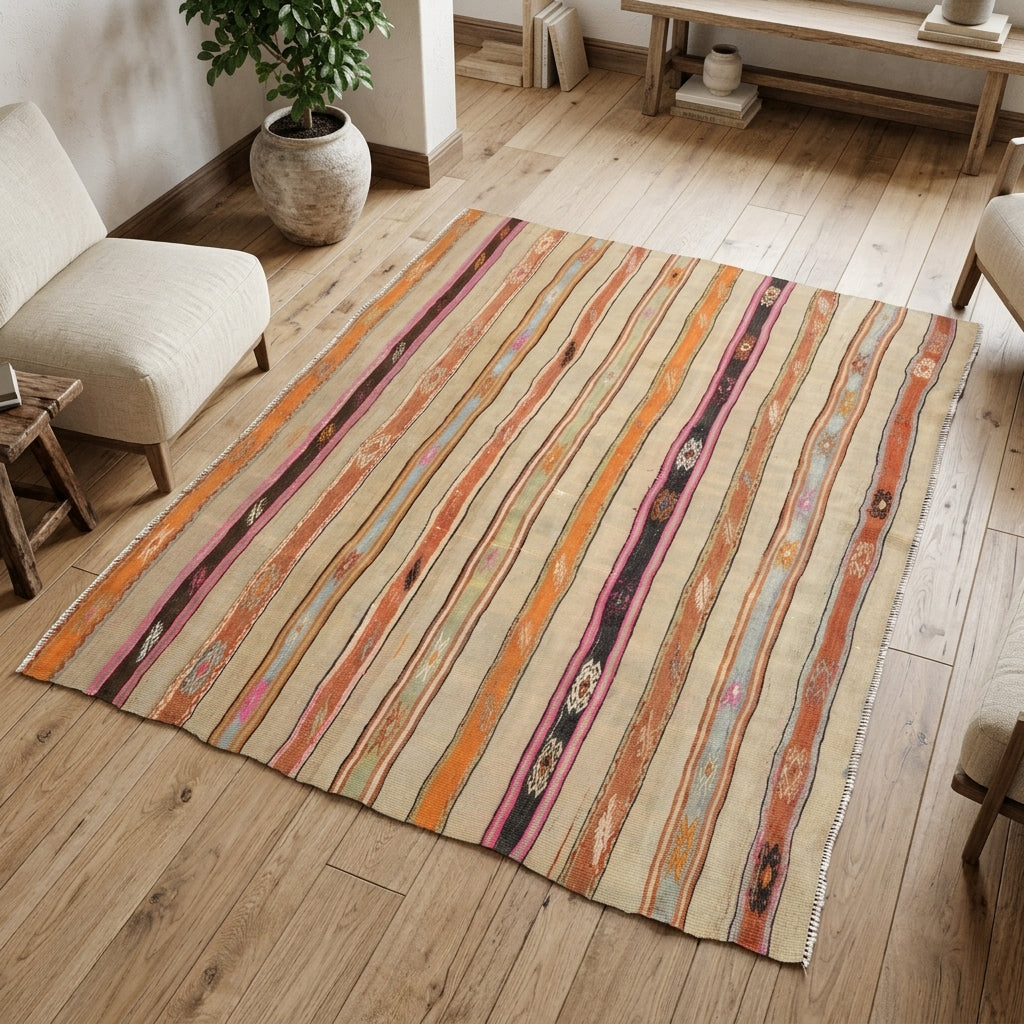 Oriental pattern on the Sosiphyllis vintage kilim rug – handwoven flatweave in Anatolia, Turkey